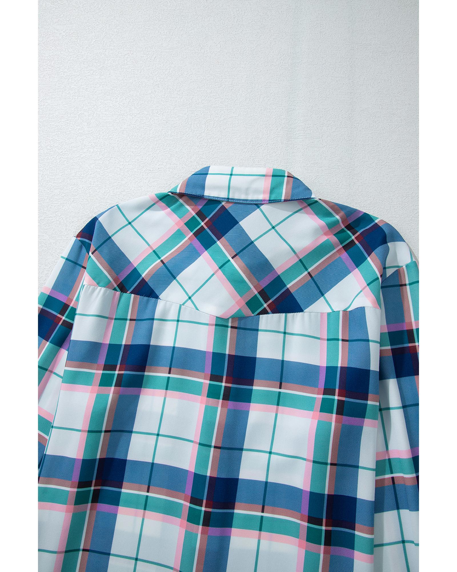 Blue Plaid Print Shirt and Shorts 2Pcs Lounge Set - M 3