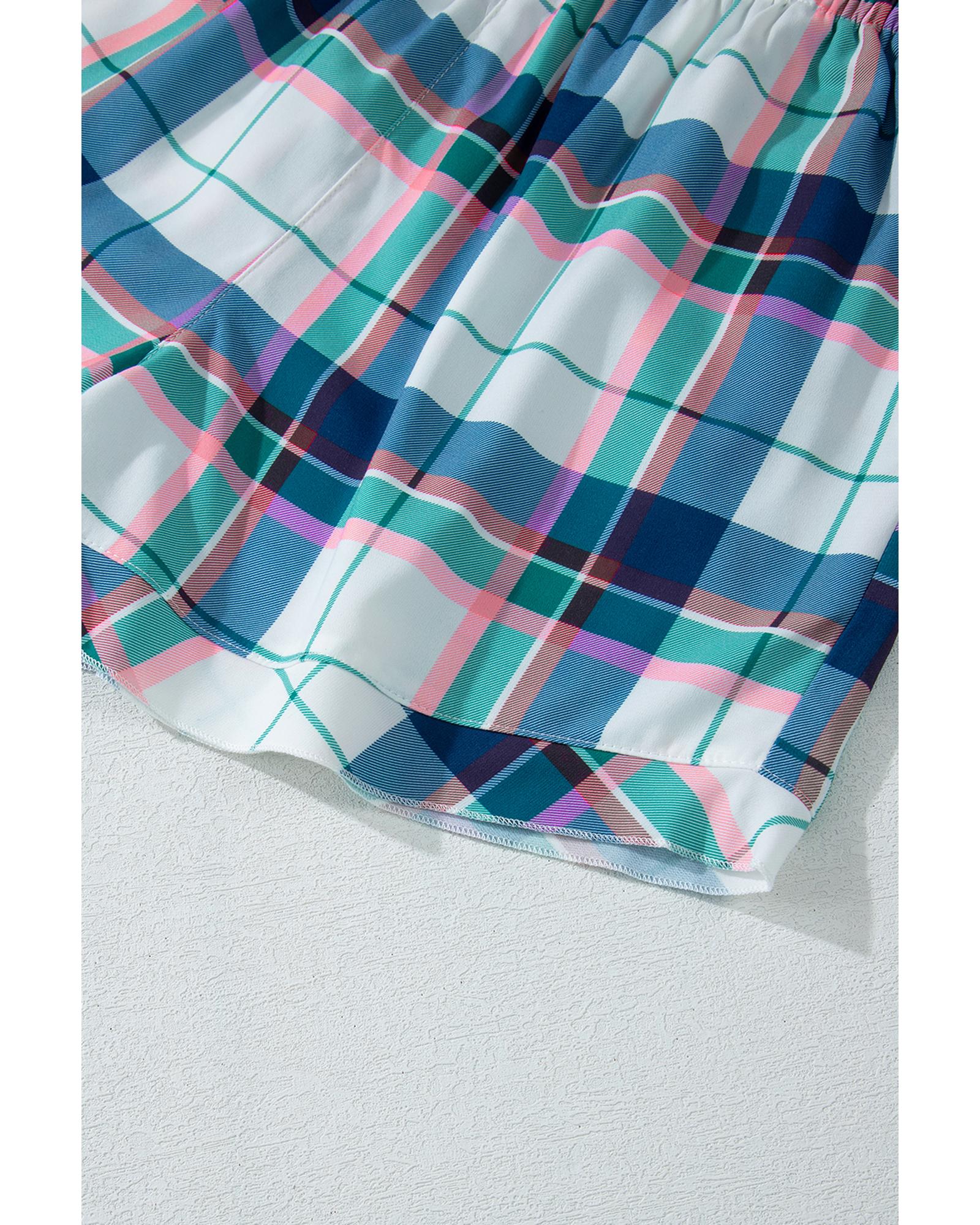 Blue Plaid Print Shirt and Shorts 2Pcs Lounge Set - M 4