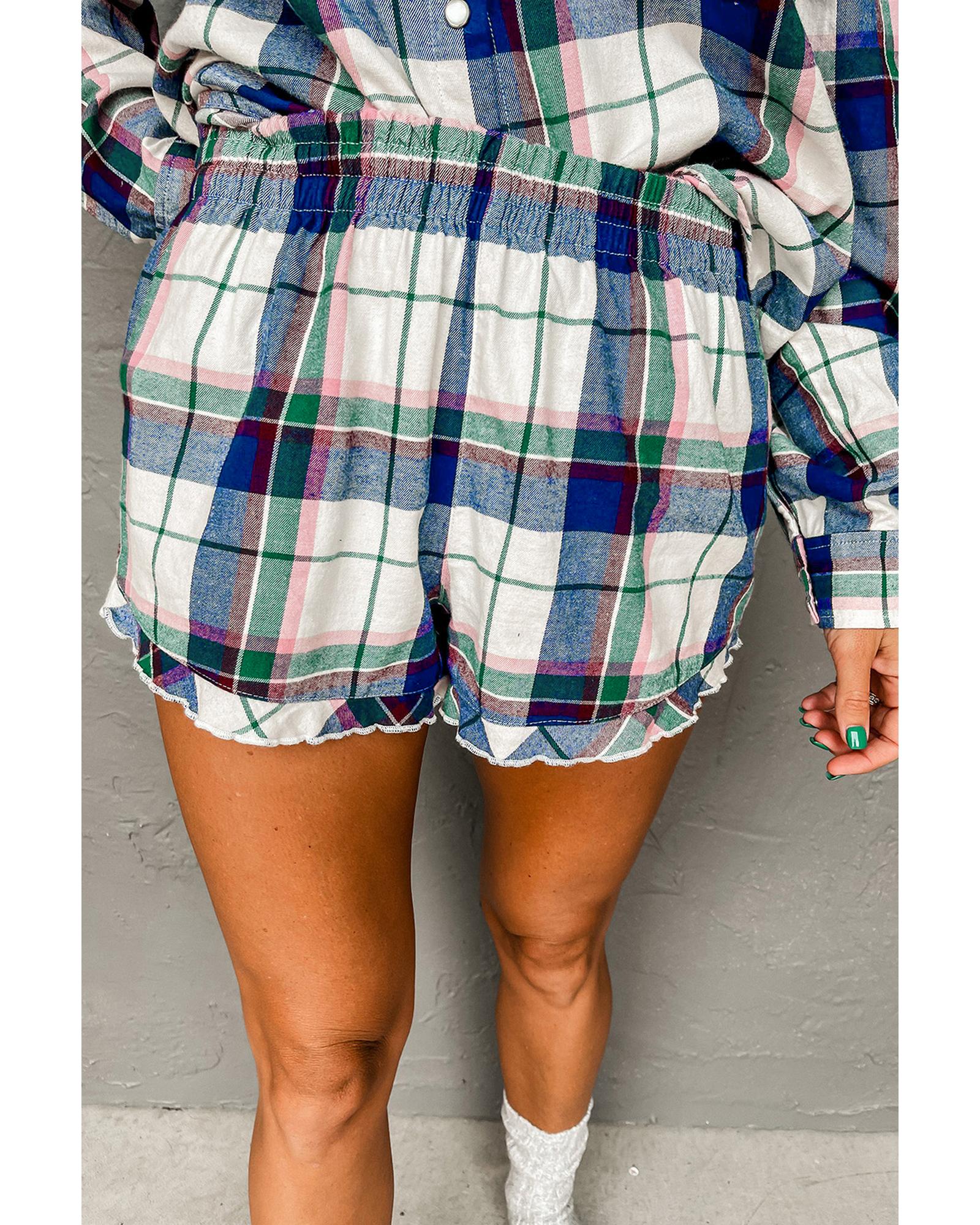 Blue Plaid Print Shirt and Shorts 2Pcs Lounge Set - M 6