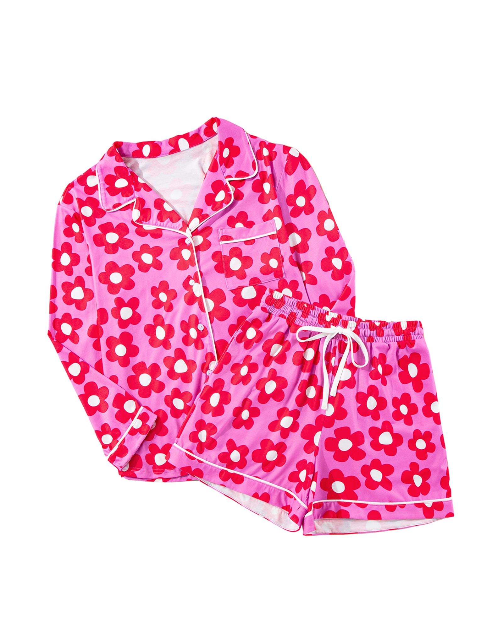 Pink Flower Print Long Sleeve Shirt Shorts Pajamas Set - 2XL 6
