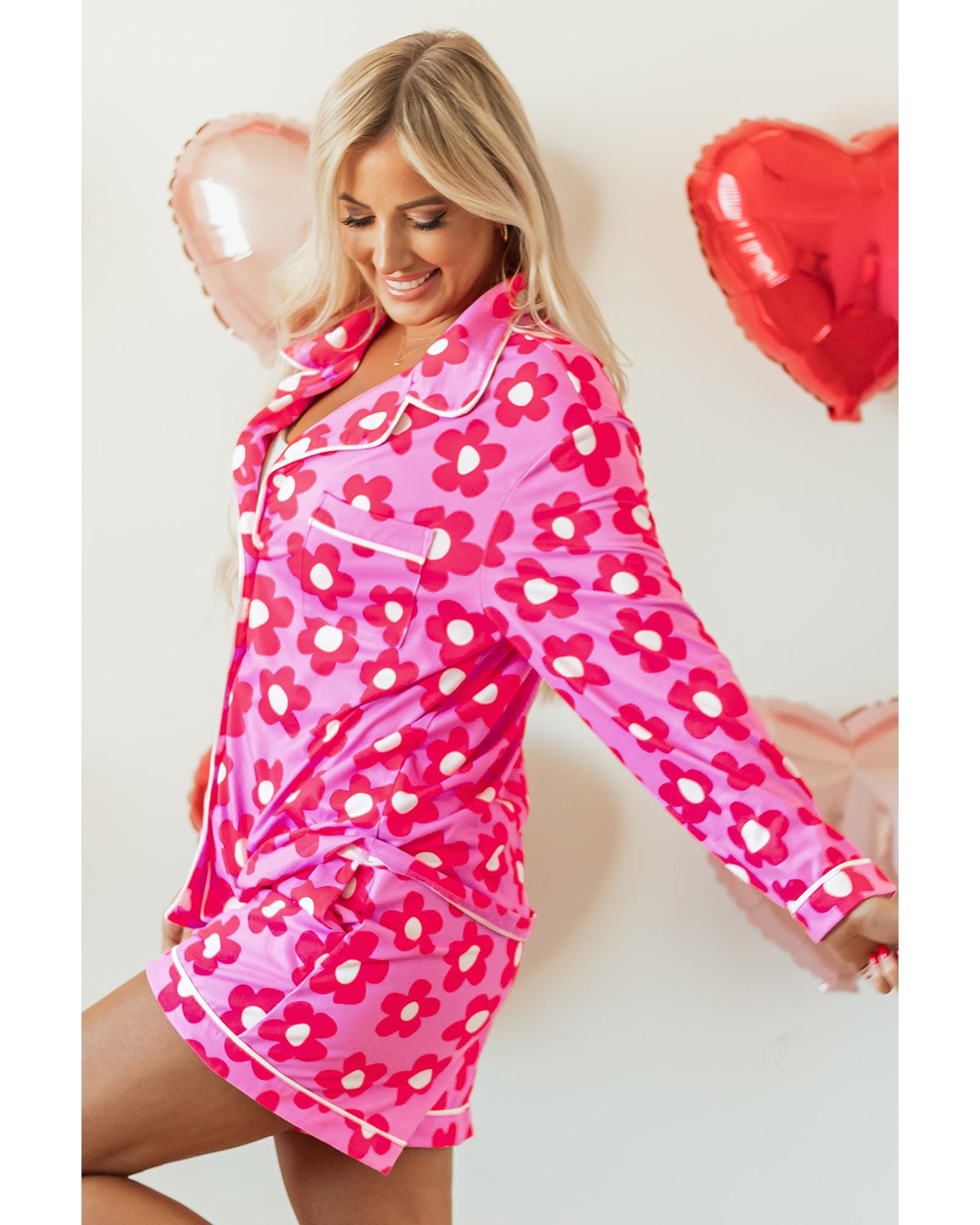 Pink Flower Print Long Sleeve Shirt Shorts Pajamas Set - 2XL 7