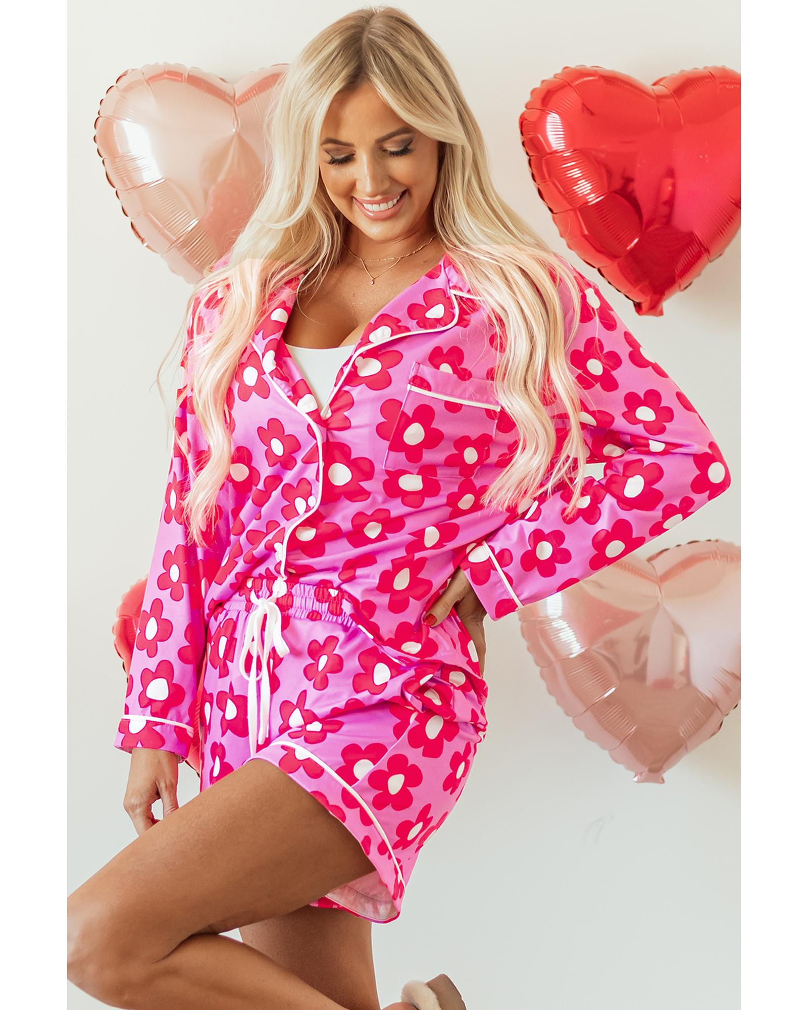 Pink Flower Print Long Sleeve Shirt Shorts Pajamas Set - L 4