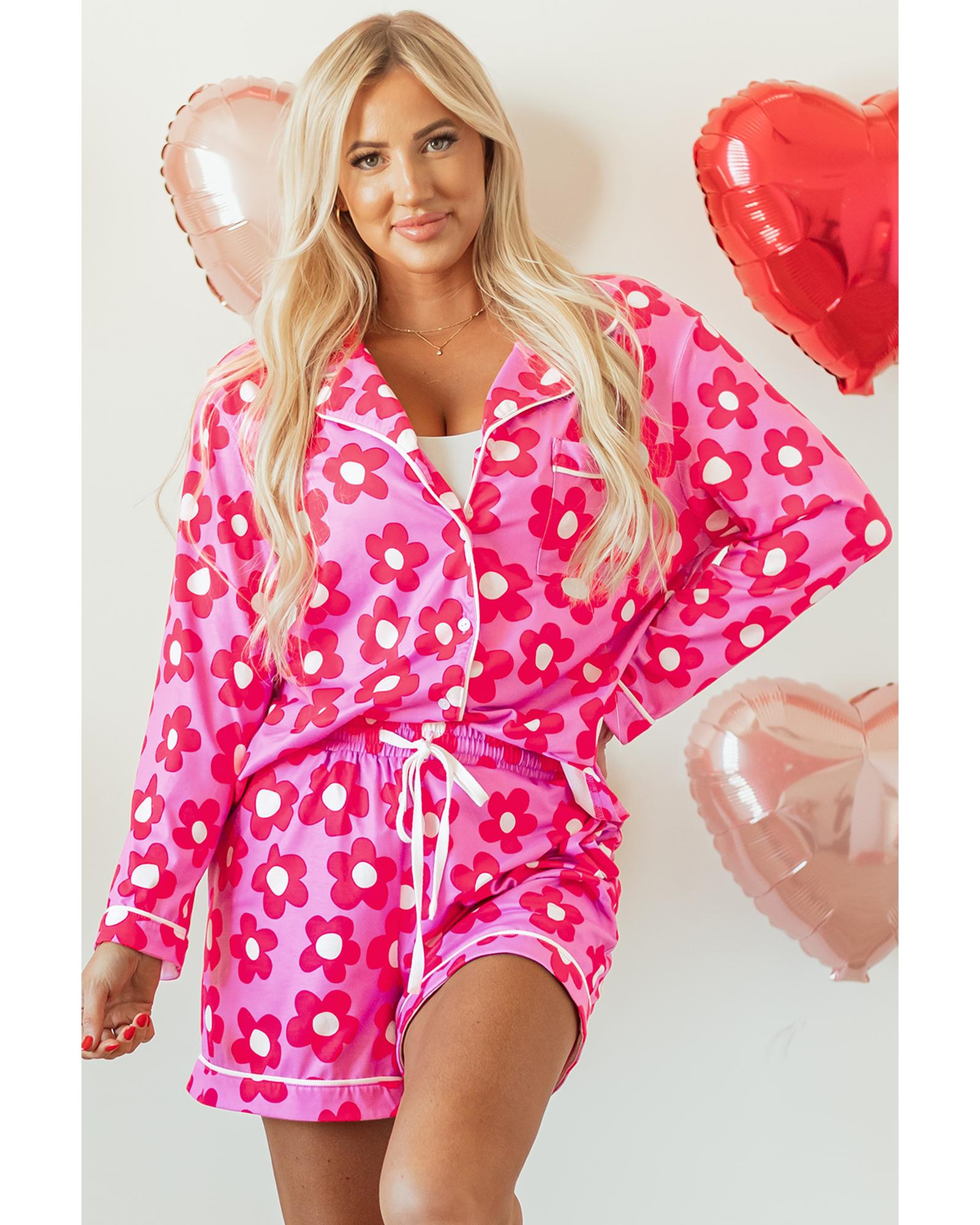 Pink Flower Print Long Sleeve Shirt Shorts Pajamas Set - S 3