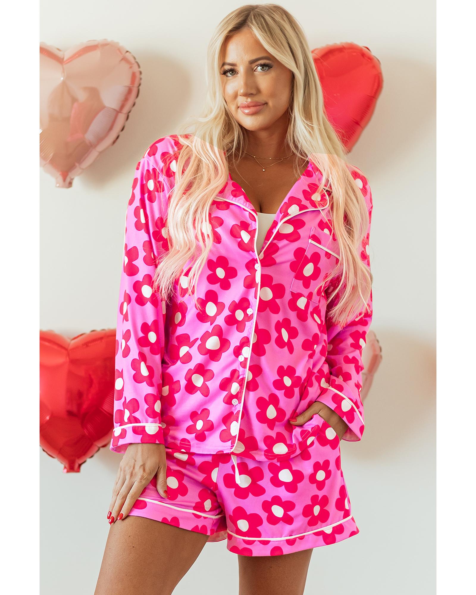 Pink Flower Print Long Sleeve Shirt Shorts Pajamas Set - S 5