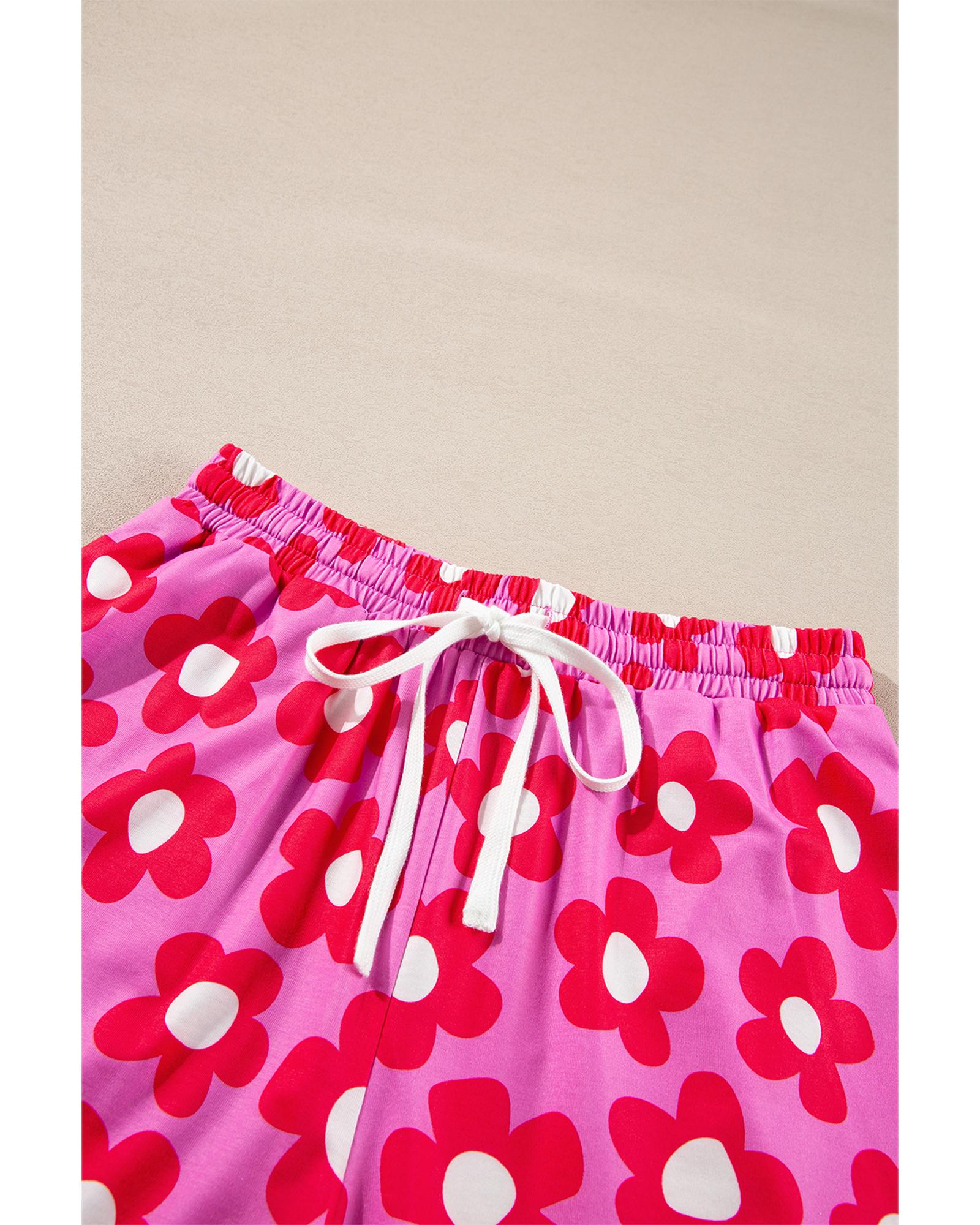 Pink Flower Print Long Sleeve Shirt Shorts Pajamas Set - S 8
