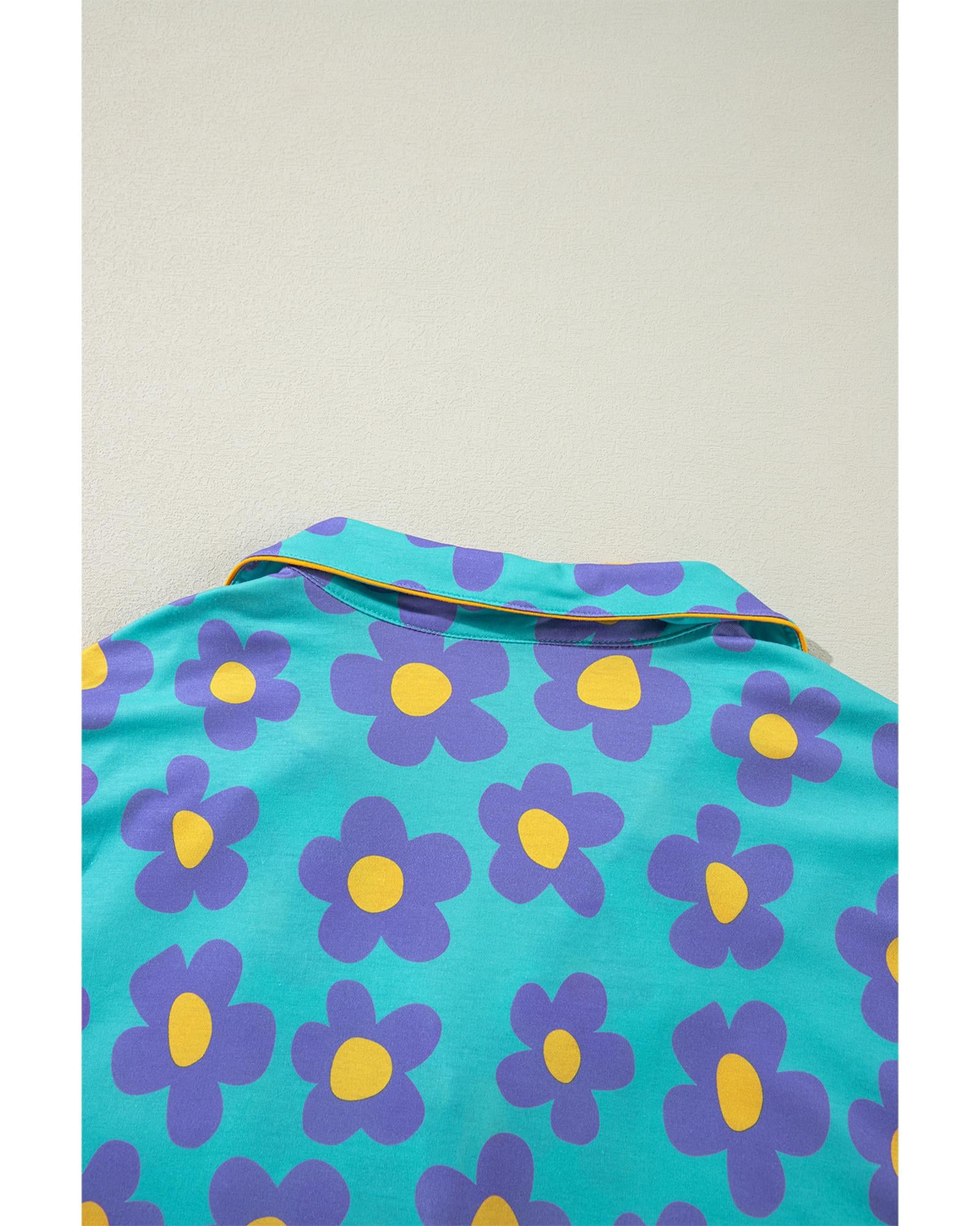 Green Flower Print Long Sleeve Shirt Shorts Pajamas Set - 2XL 4