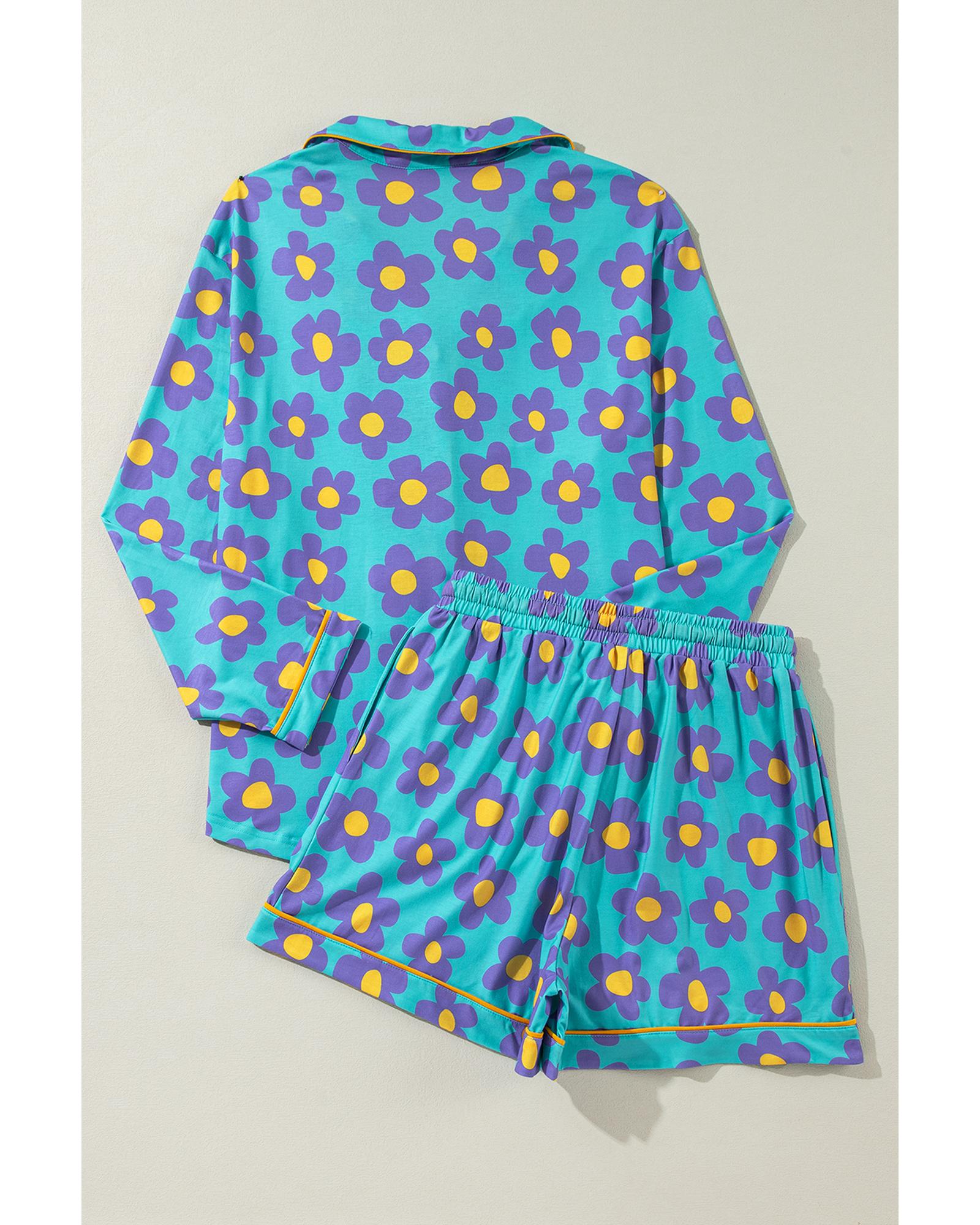 Green Flower Print Long Sleeve Shirt Shorts Pajamas Set - L 3