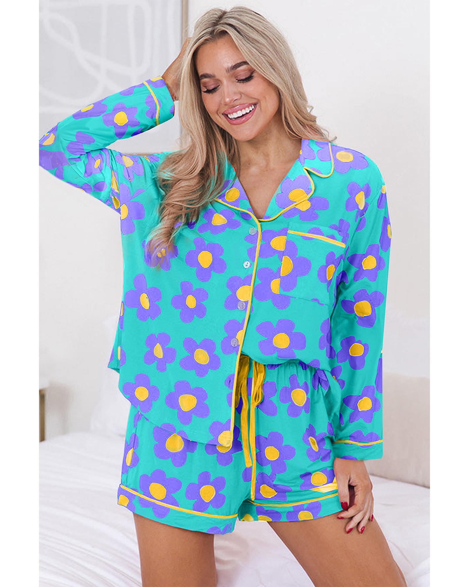Green Flower Print Long Sleeve Shirt Shorts Pajamas Set - L 4