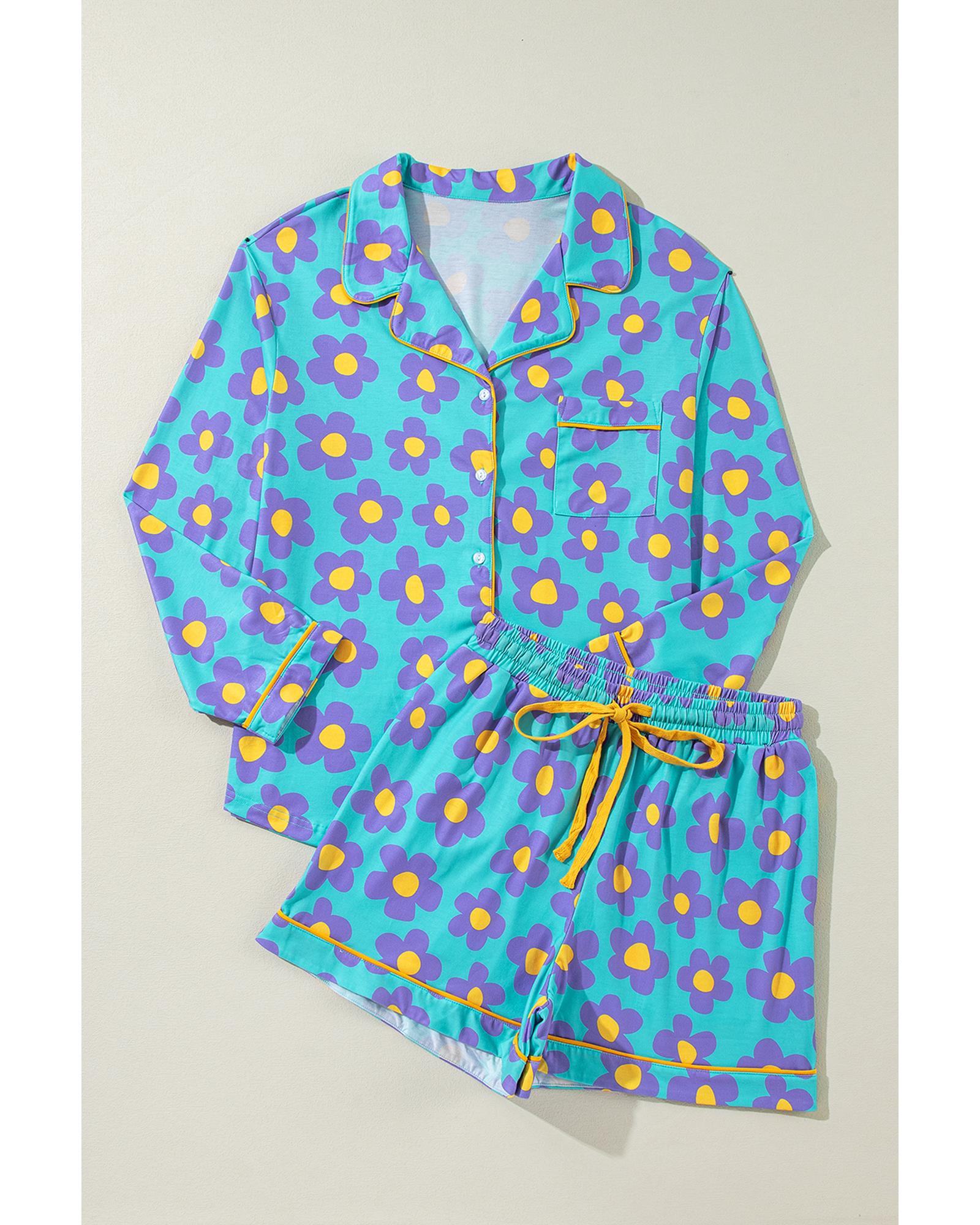 Green Flower Print Long Sleeve Shirt Shorts Pajamas Set - S