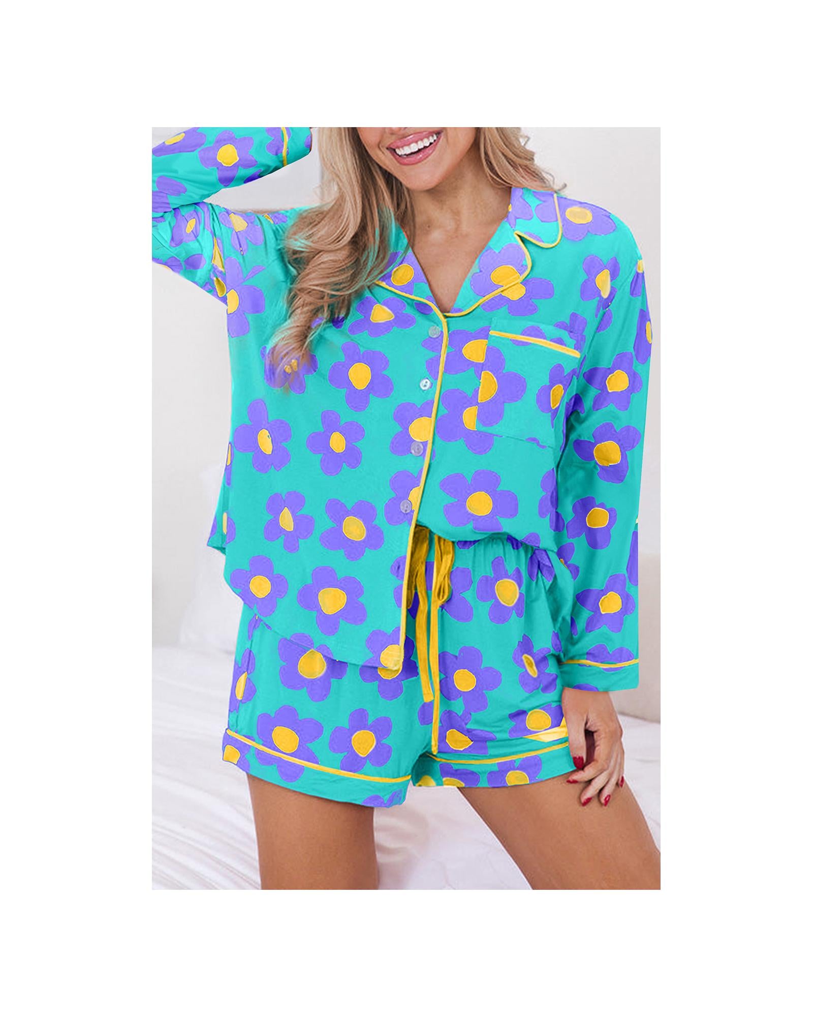 Green Flower Print Long Sleeve Shirt Shorts Pajamas Set - XL