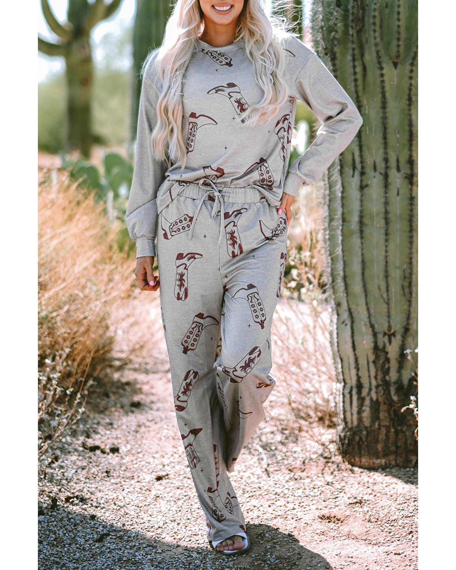 Gray Cowgirl Boots Printed Long Sleeve Top Pants Lounge Set - XL 4