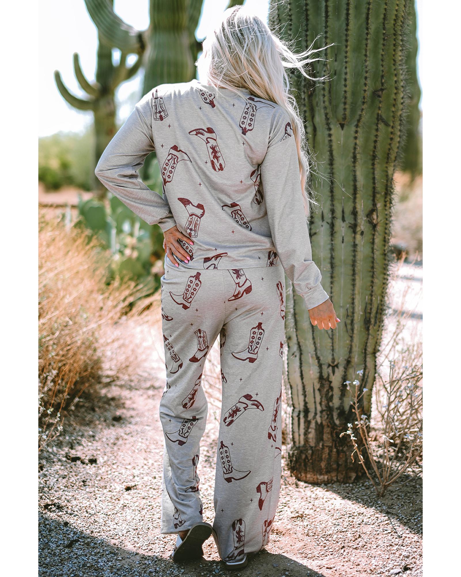 Gray Cowgirl Boots Printed Long Sleeve Top Pants Lounge Set - XL 5