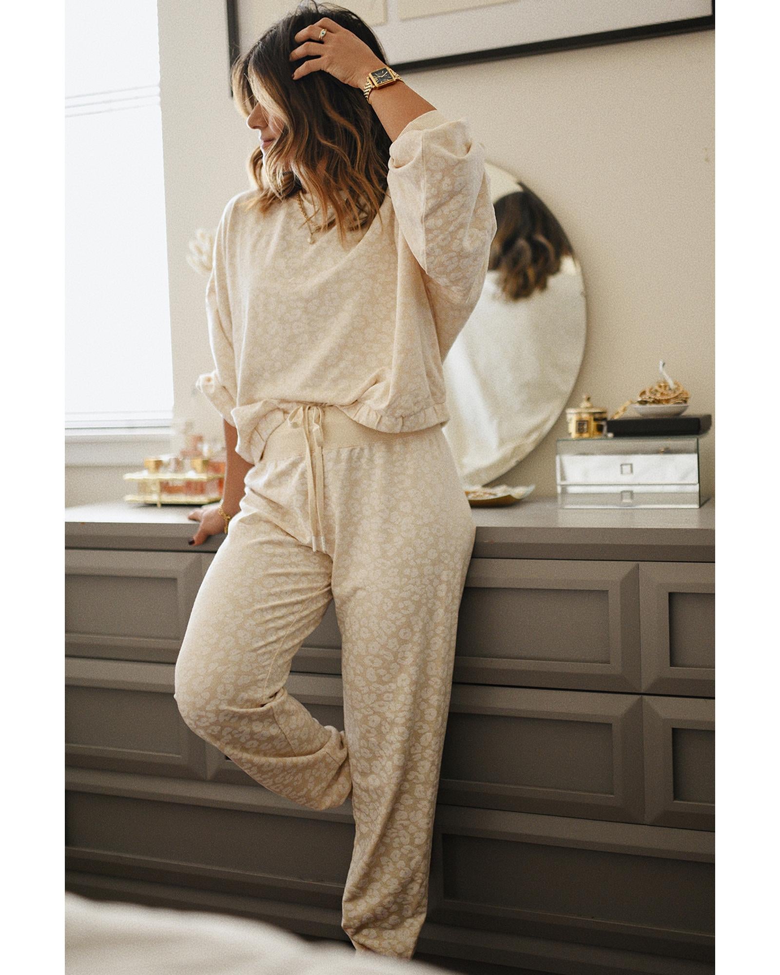 White Cheetah Print Two Piece Loose Fit Cozy Loungewear - L 7