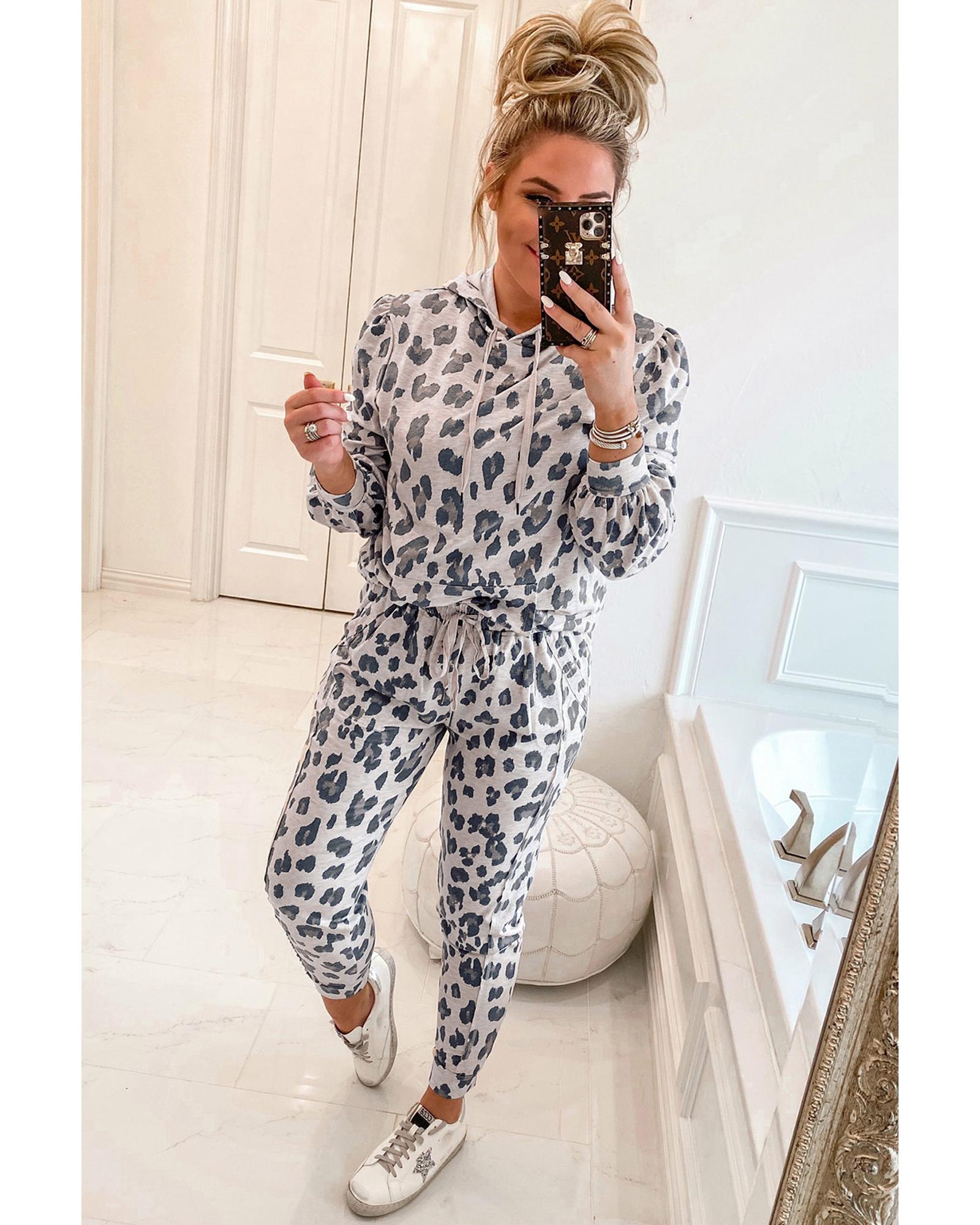 Khaki Leopard Print Drawstring Hoodie and Skinny Pants Lounge Set - S