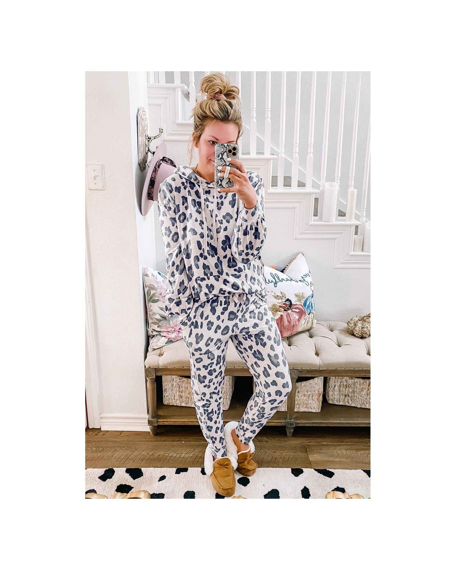 Khaki Leopard Print Drawstring Hoodie and Skinny Pants Lounge Set - S 3