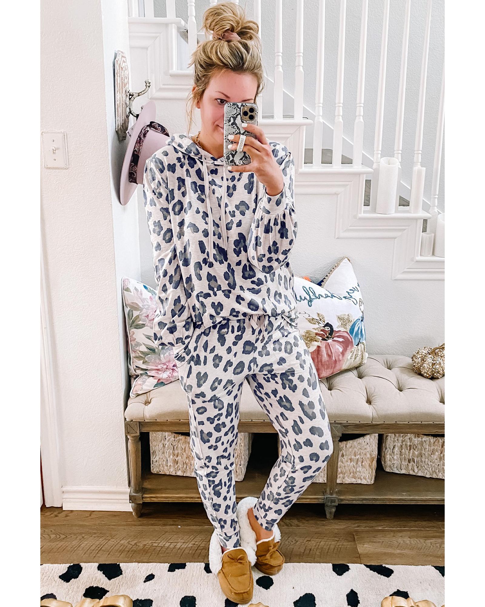 Khaki Leopard Print Drawstring Hoodie and Skinny Pants Lounge Set - S 6