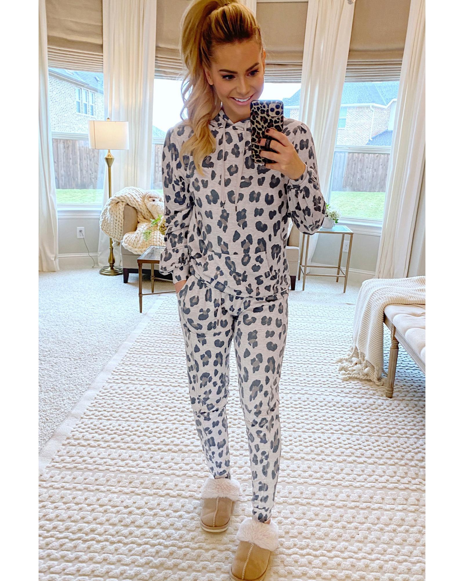 Khaki Leopard Print Drawstring Hoodie and Skinny Pants Lounge Set - S 8