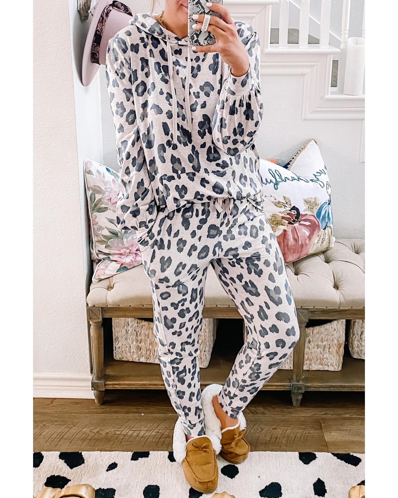 Khaki Leopard Print Drawstring Hoodie and Skinny Pants Lounge Set - XL 5
