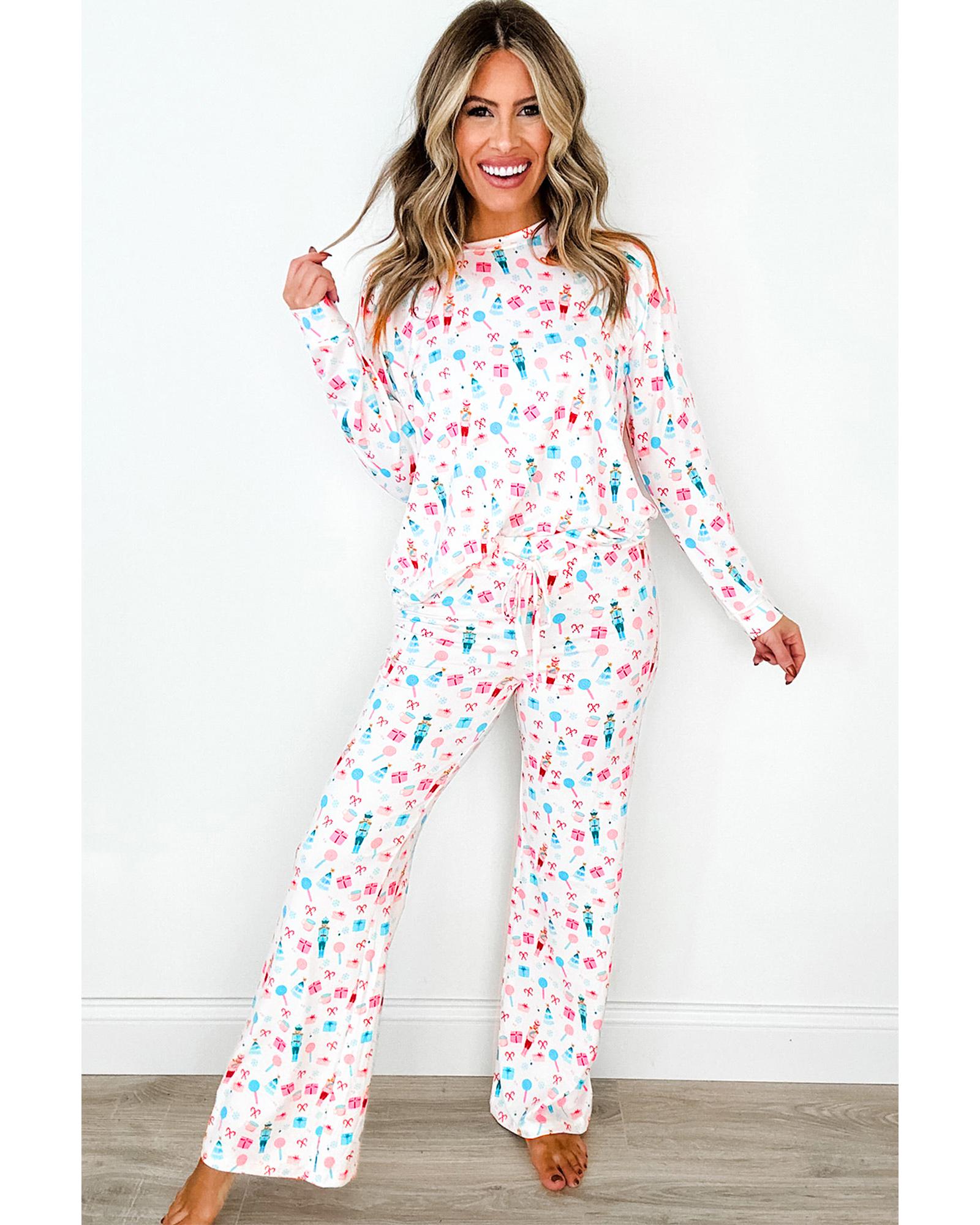 White Christmas Pattern Long Sleeve Top and Wide Leg Pants Set - M 3