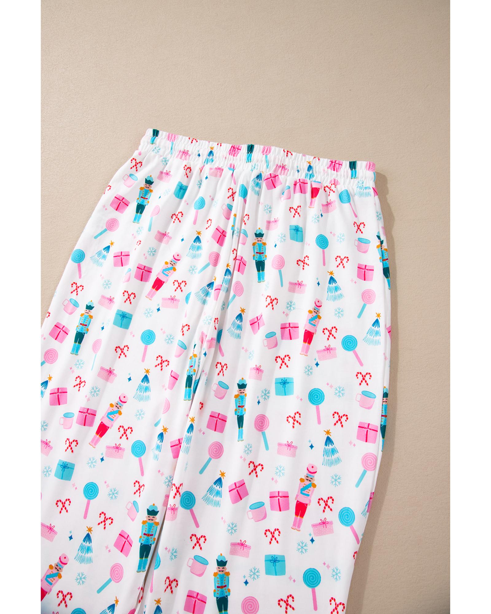 White Christmas Pattern Long Sleeve Top and Wide Leg Pants Set - M 4