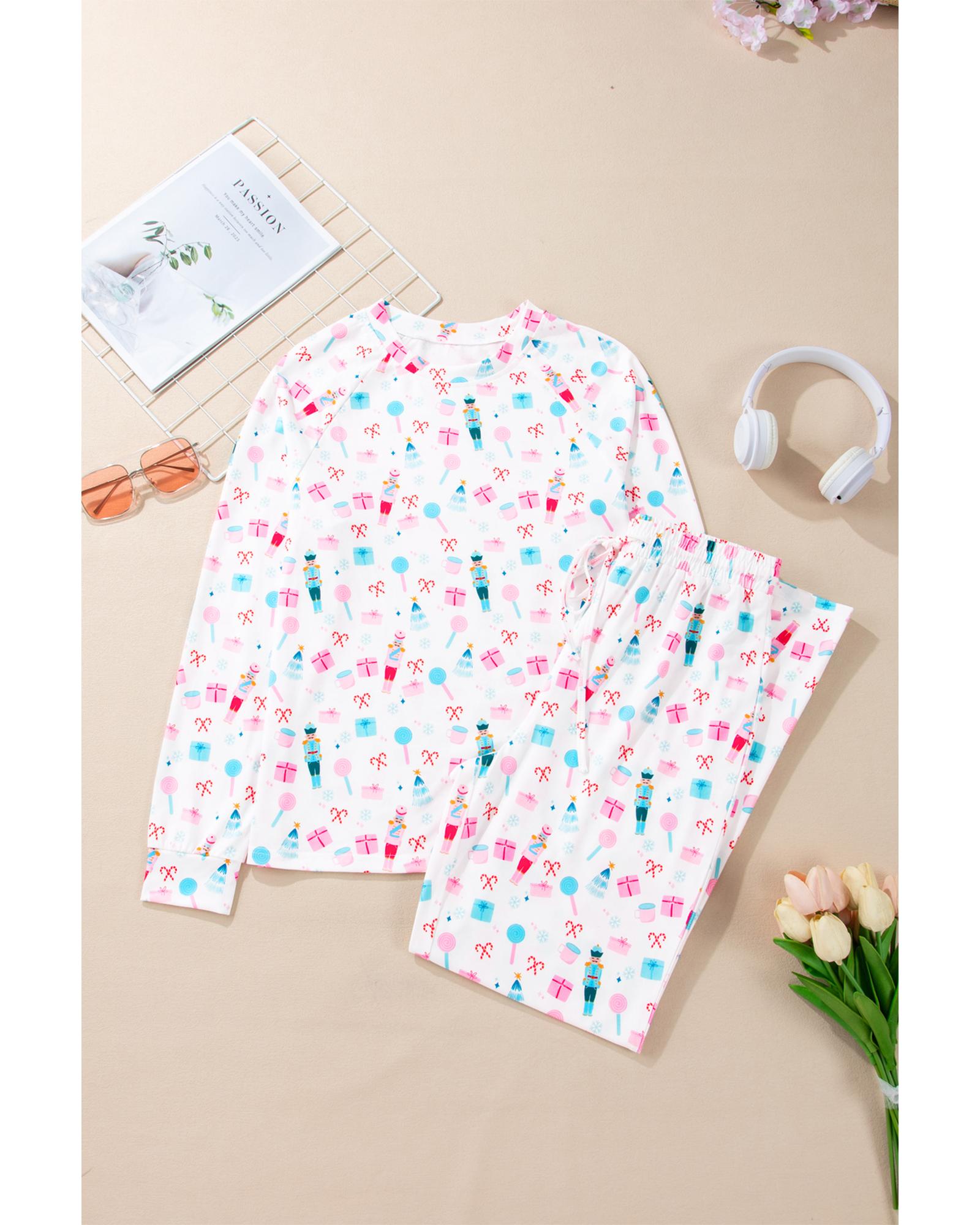 White Christmas Pattern Long Sleeve Top and Wide Leg Pants Set - XL 5
