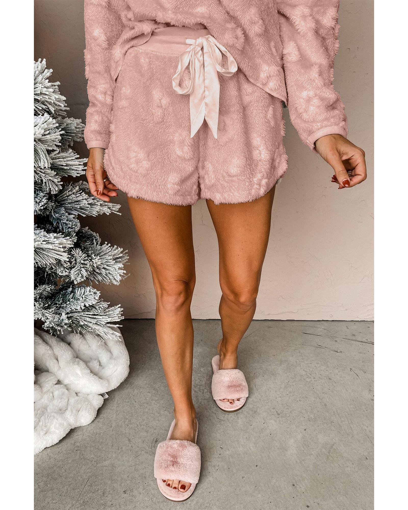 Light Pink Textured Leopard Fleece Loose Two Piece Lounge Set - 2XL
