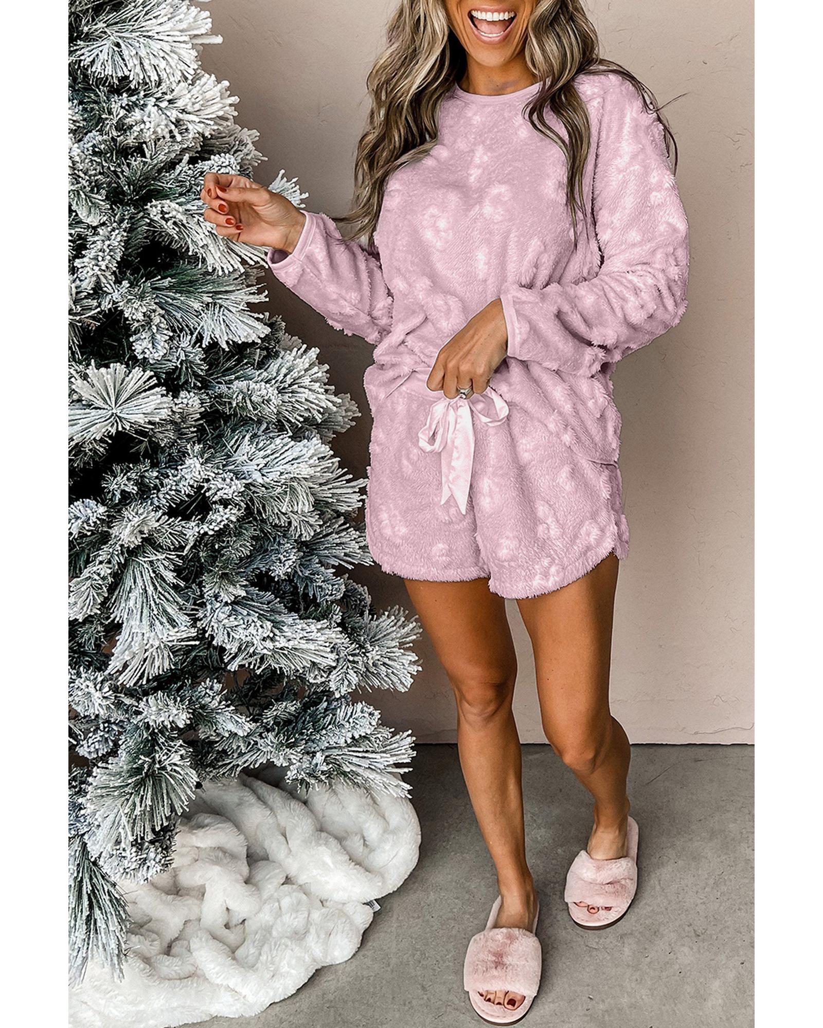 Lavendula Textured Leopard Fleece Loose Two Piece Lounge Set - L 5
