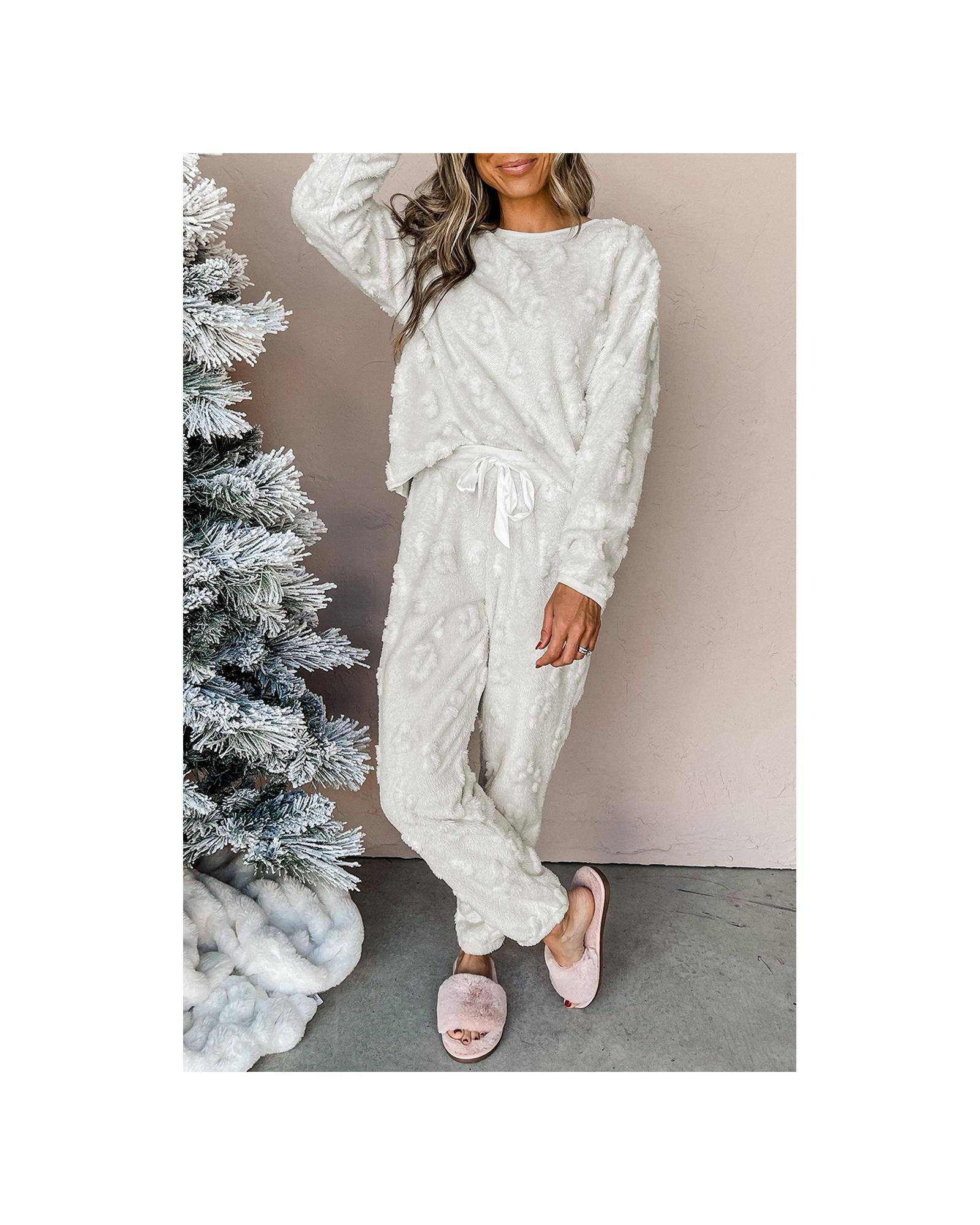 Light Grey Leopard Textured Loose Fit Fleece Lounge Set - M
