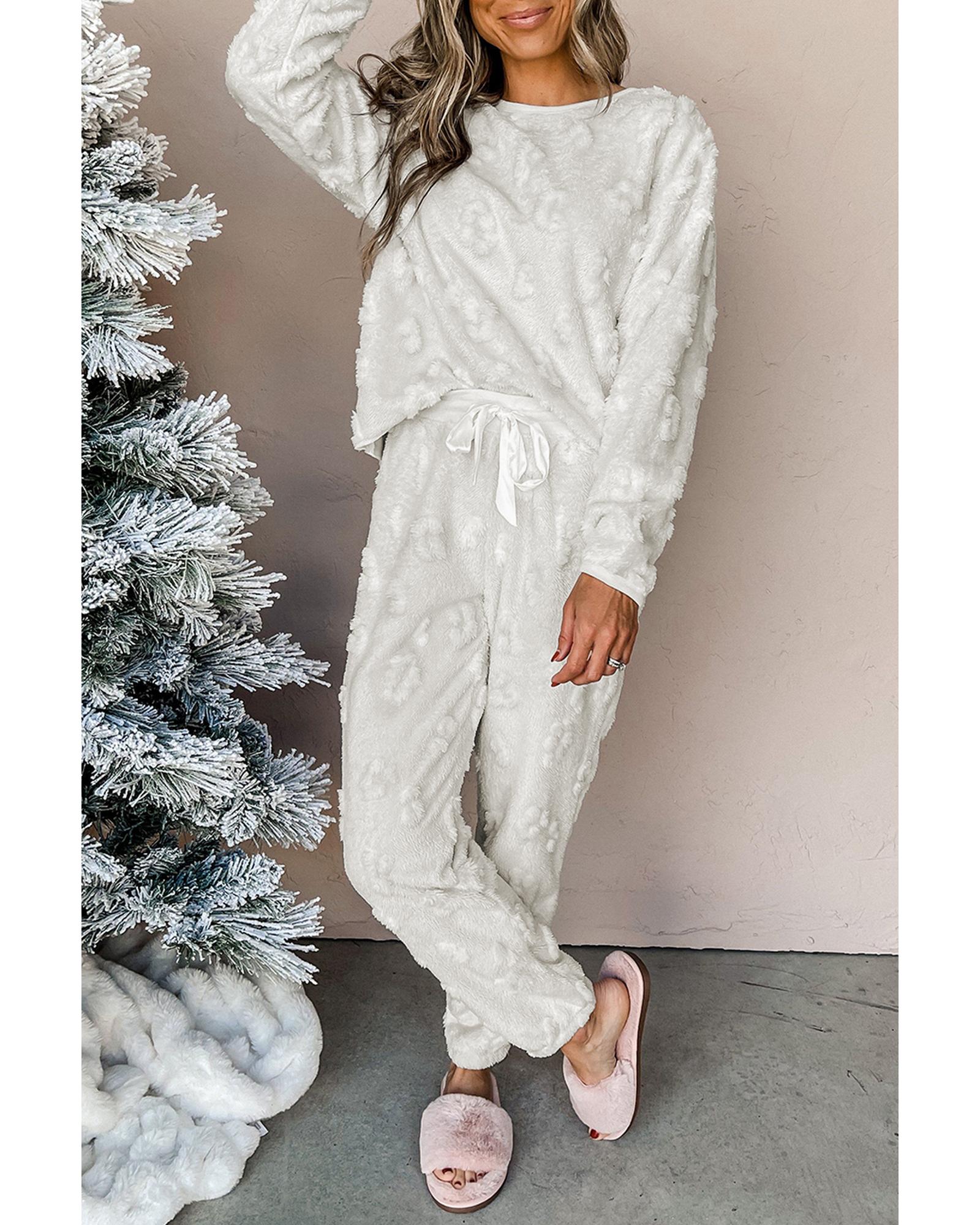 Light Grey Leopard Textured Loose Fit Fleece Lounge Set - S