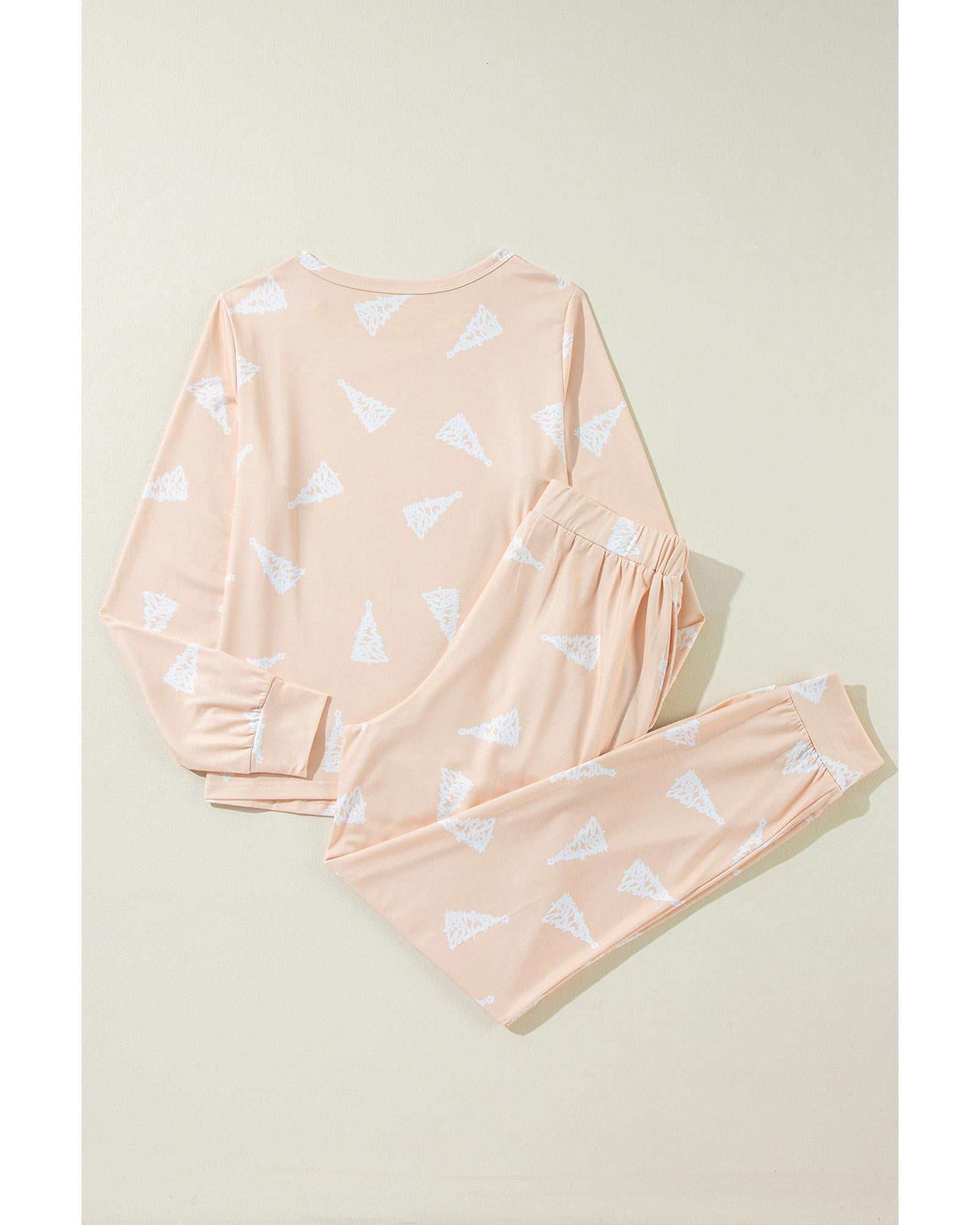 Apricot Christmas Tree Print Loose Fit Two Piece Pajama Set - M 6