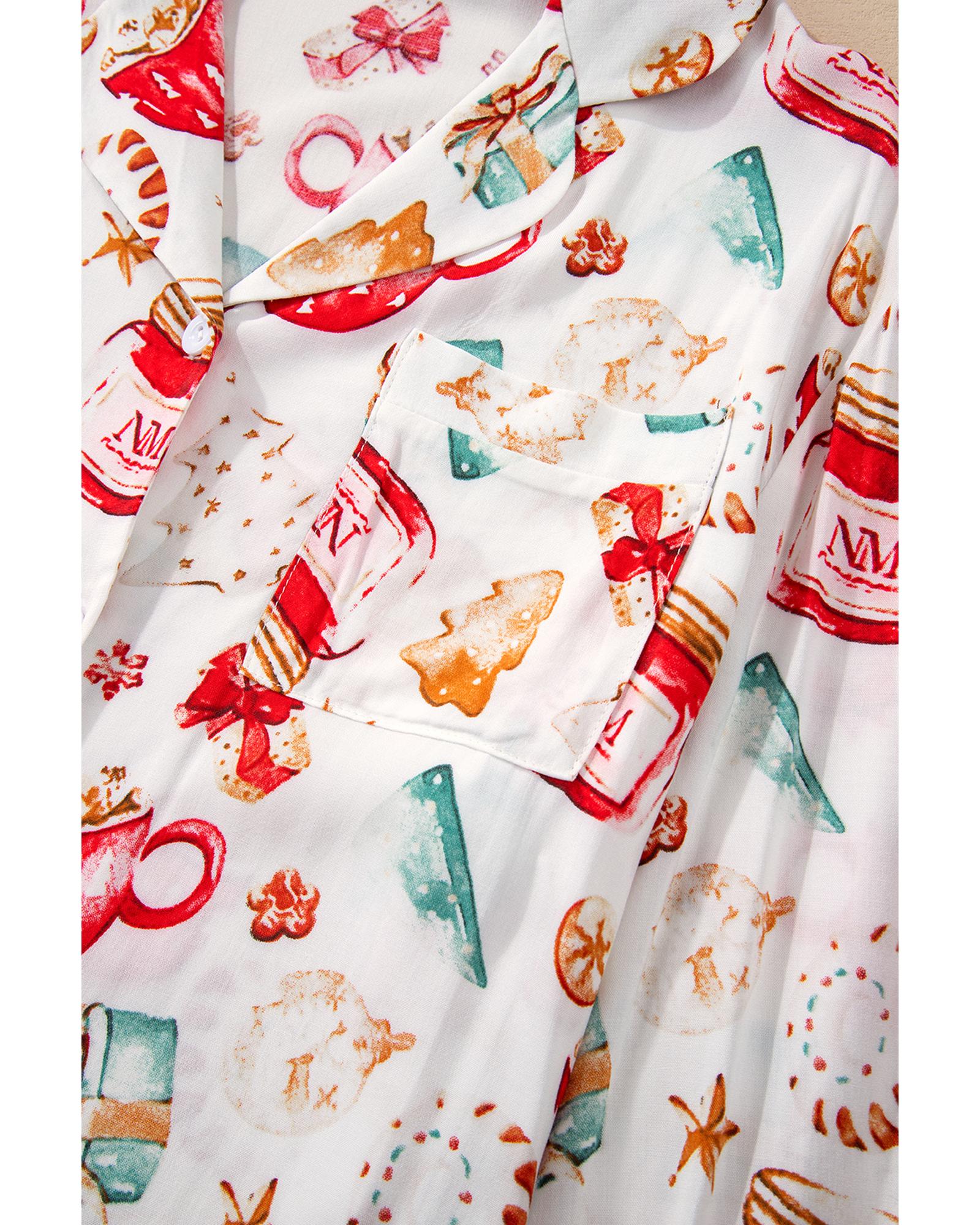 White Christmas Pattern Long Sleeve Shirt and Pants Pajama Set - L 5