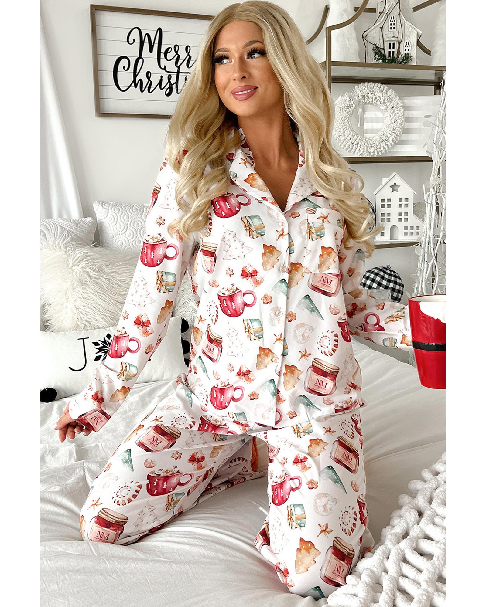 White Christmas Pattern Long Sleeve Shirt and Pants Pajama Set - L 6