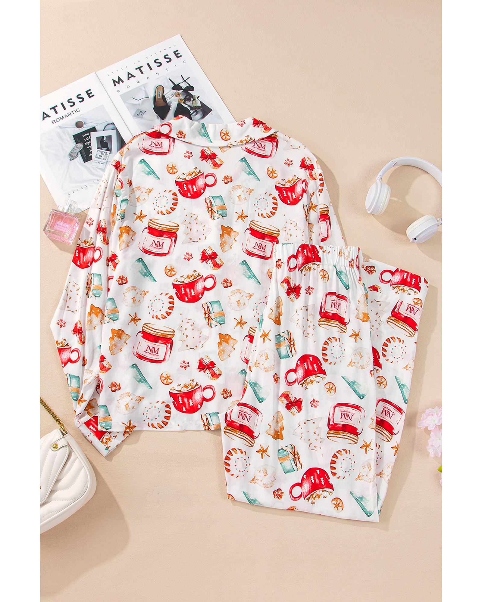 White Christmas Pattern Long Sleeve Shirt and Pants Pajama Set - XL 6