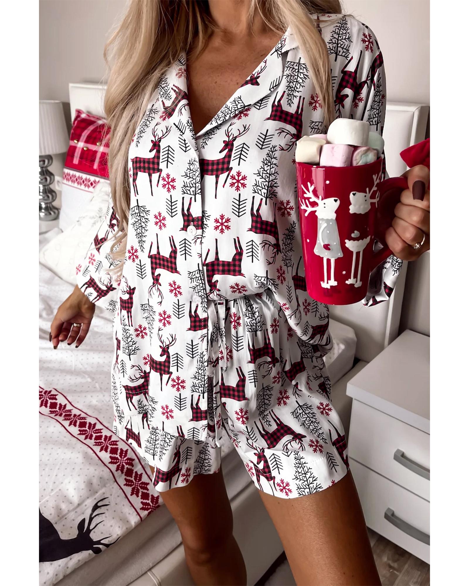 White Christmas Deer Printed Shirt and Shorts Lounge Set - M 4