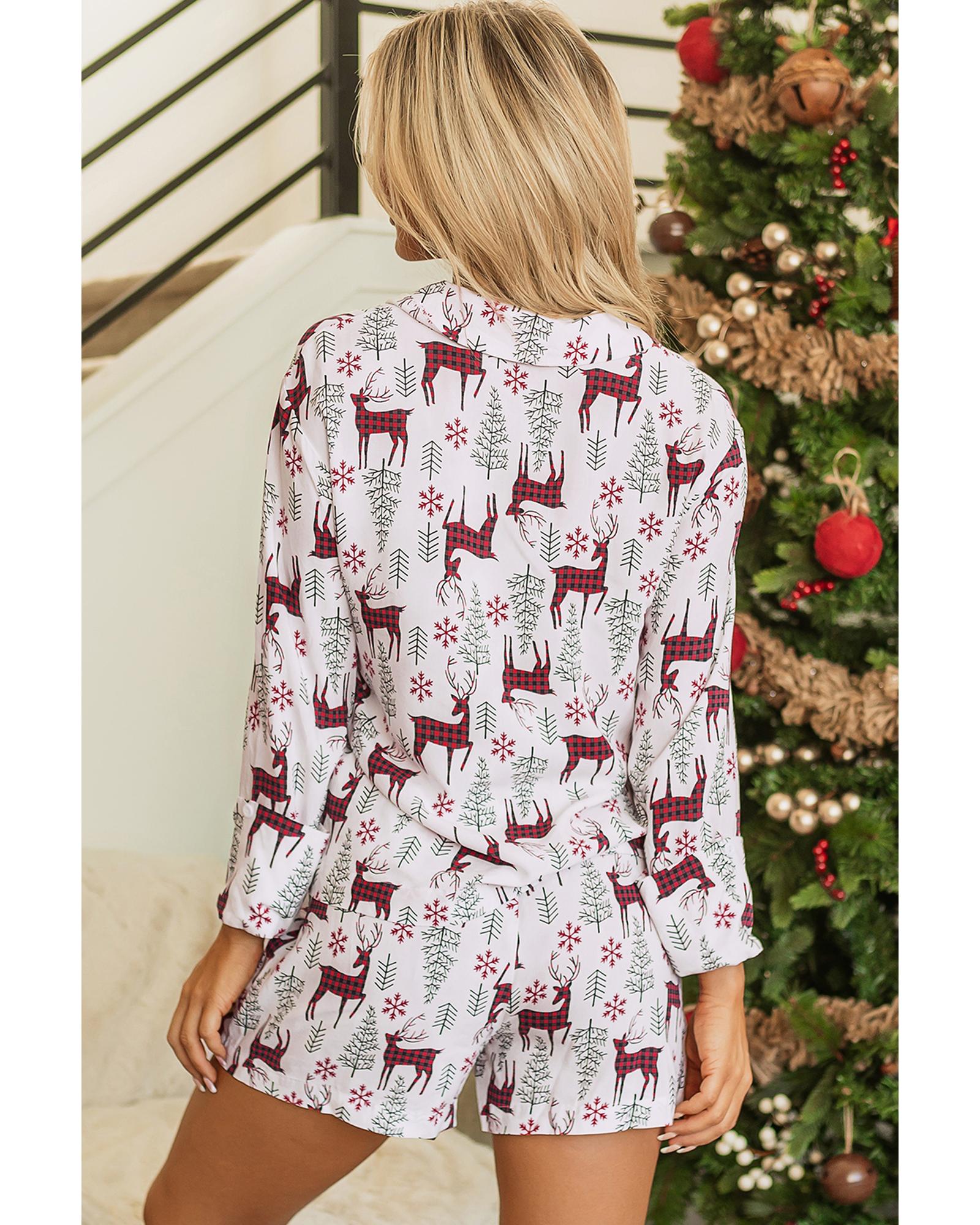 White Christmas Deer Printed Shirt and Shorts Lounge Set - XL 3