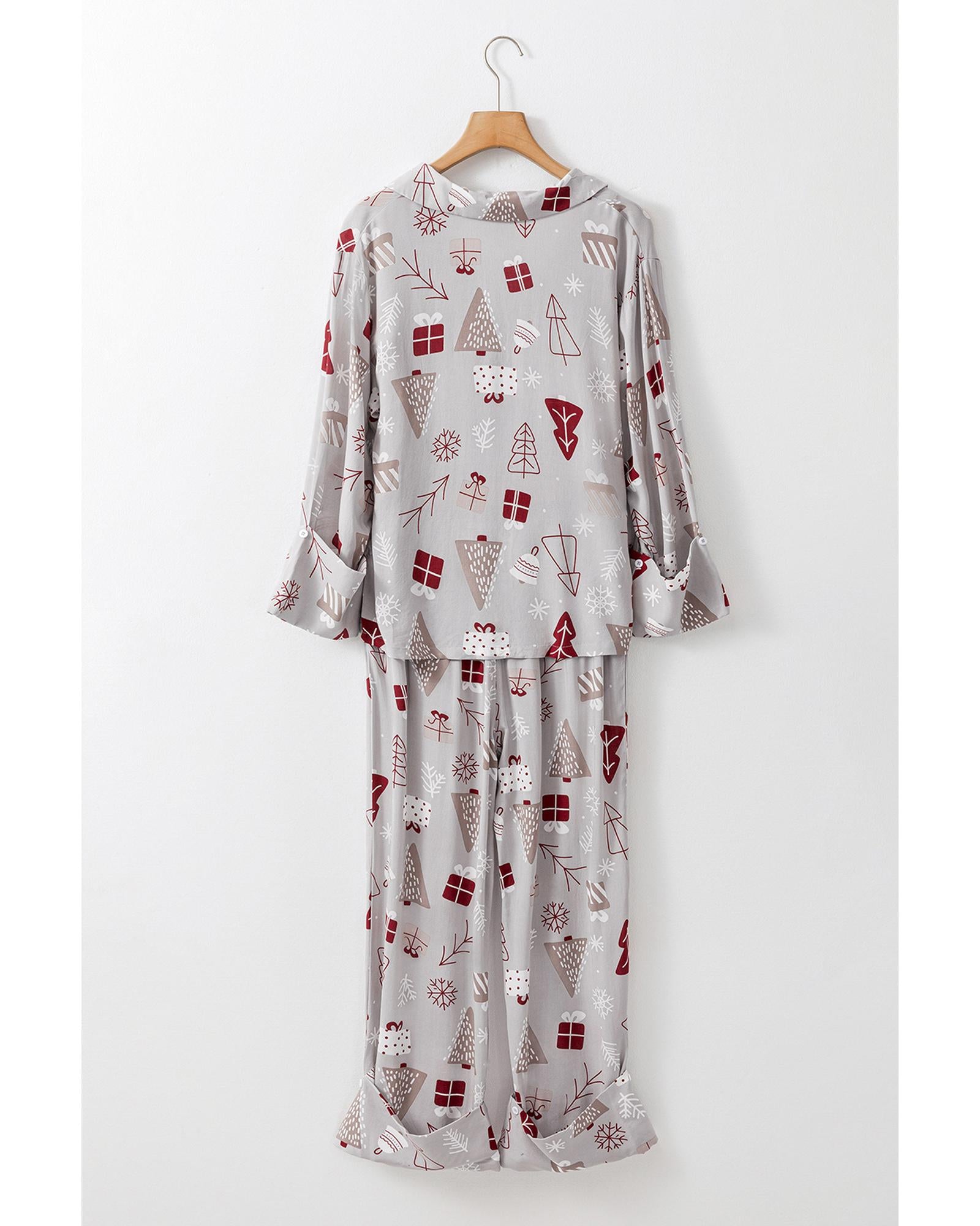 Light Grey Christmas Printed Shirt and Pants Pajama Set - L