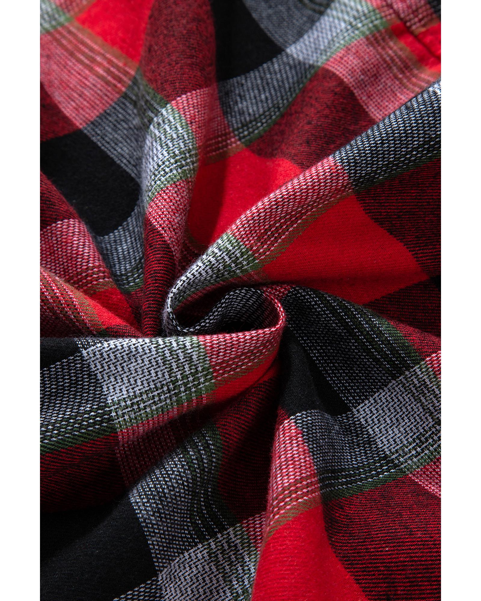 Red Christmas Checkered Pattern Loose Shirt and Pants Lounge Set - L 5