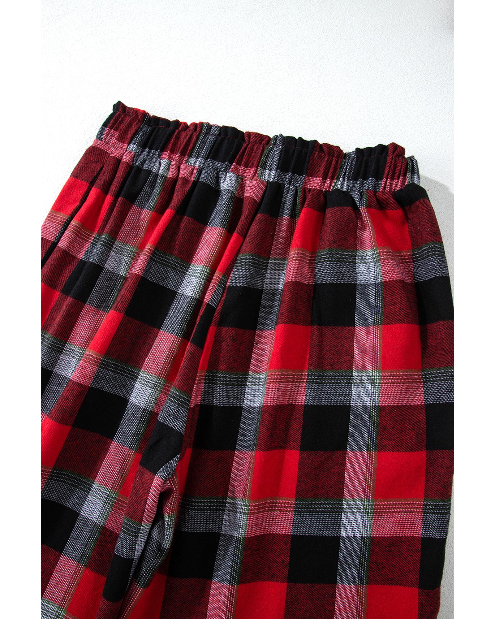 Red Christmas Checkered Pattern Loose Shirt and Pants Lounge Set - M 7