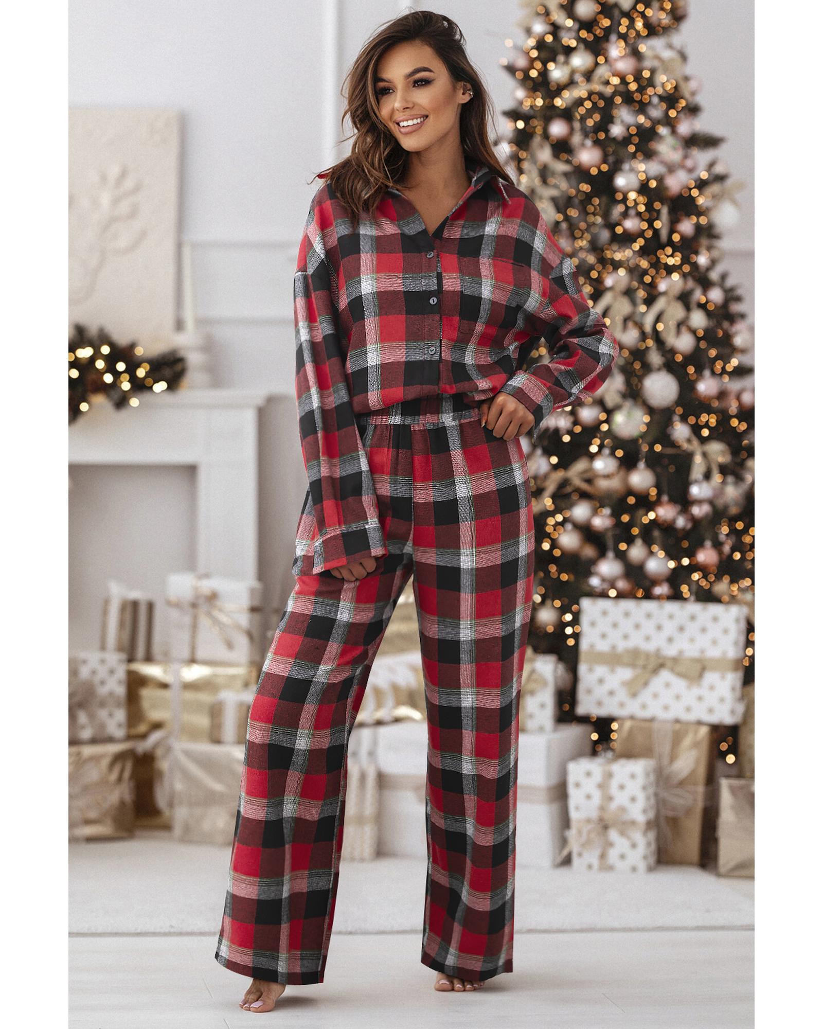 Red Christmas Checkered Pattern Loose Shirt and Pants Lounge Set - XL 4