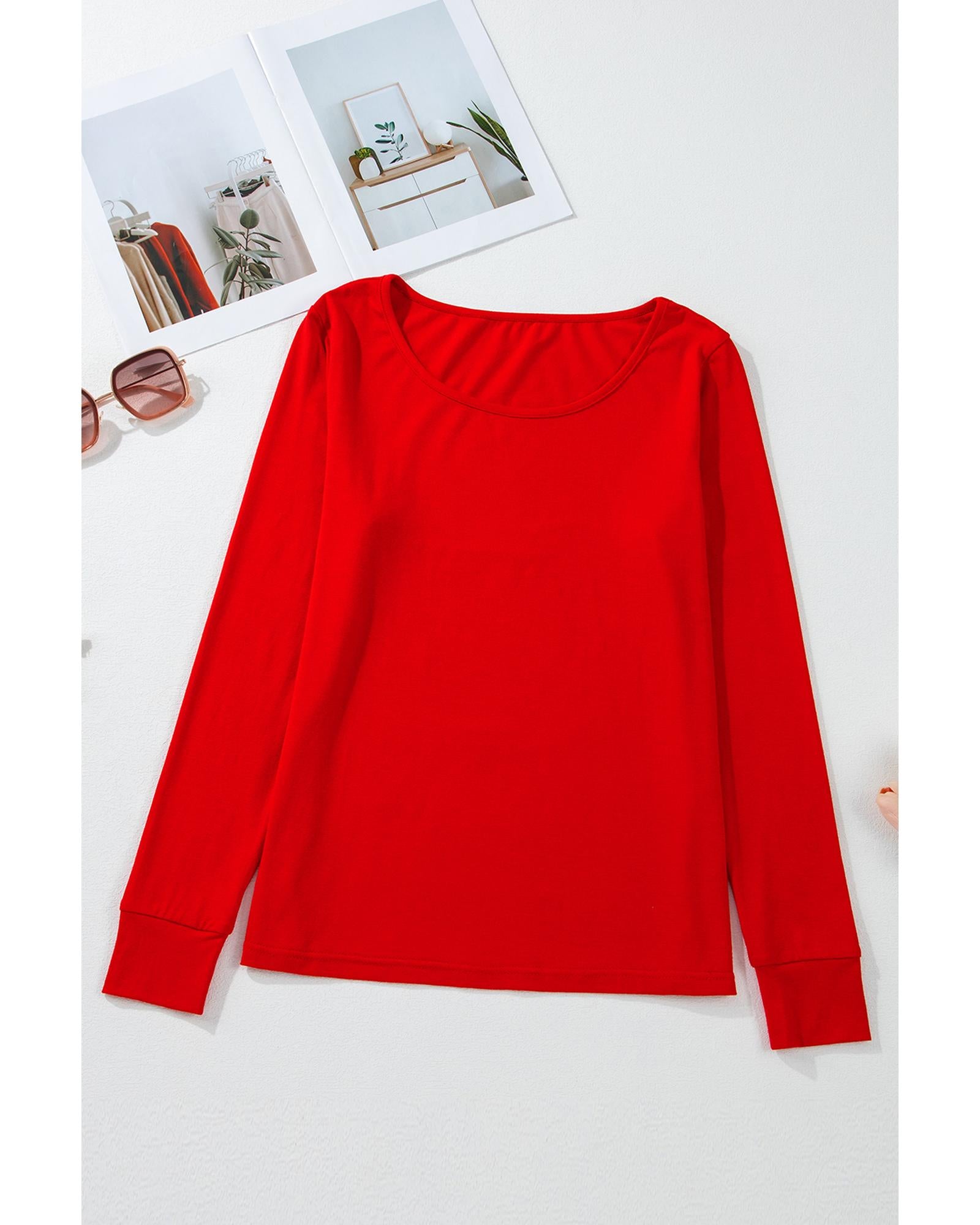 Red Solid Top and Christmas Pants Two Piece Lounge Set - L 4