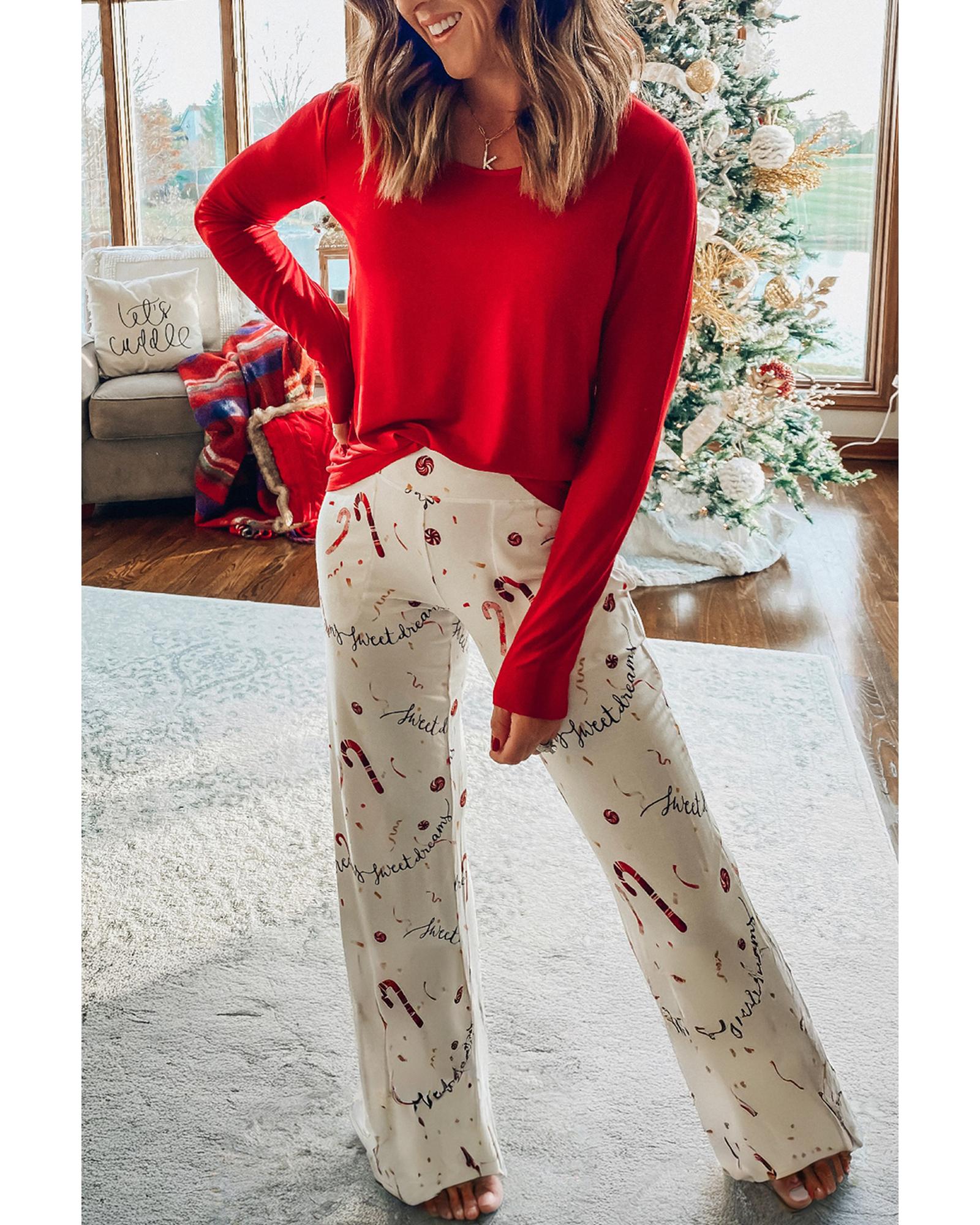 Red Solid Top and Christmas Pants Two Piece Lounge Set - XL 7