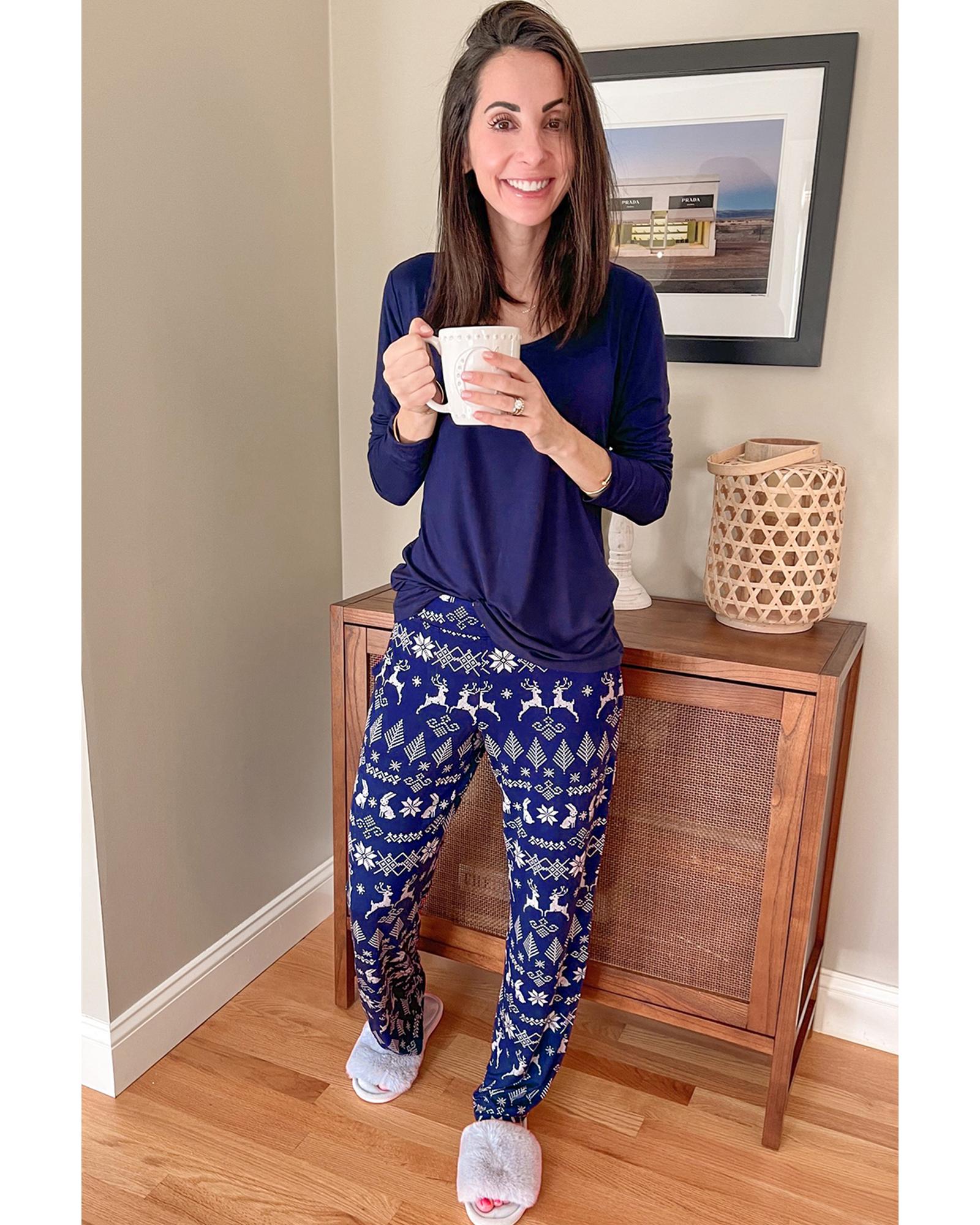Blue Solid Top and Christmas Pants Two Piece Lounge Set - L 4