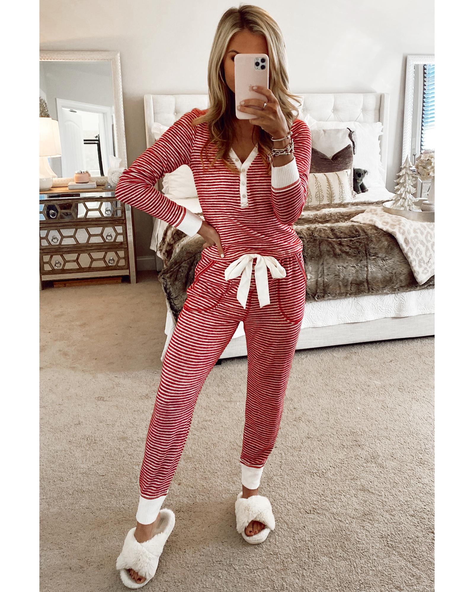 Red Stripe Buttoned V Neck Top and Knotted Waist Pants Lounge Set - L 4