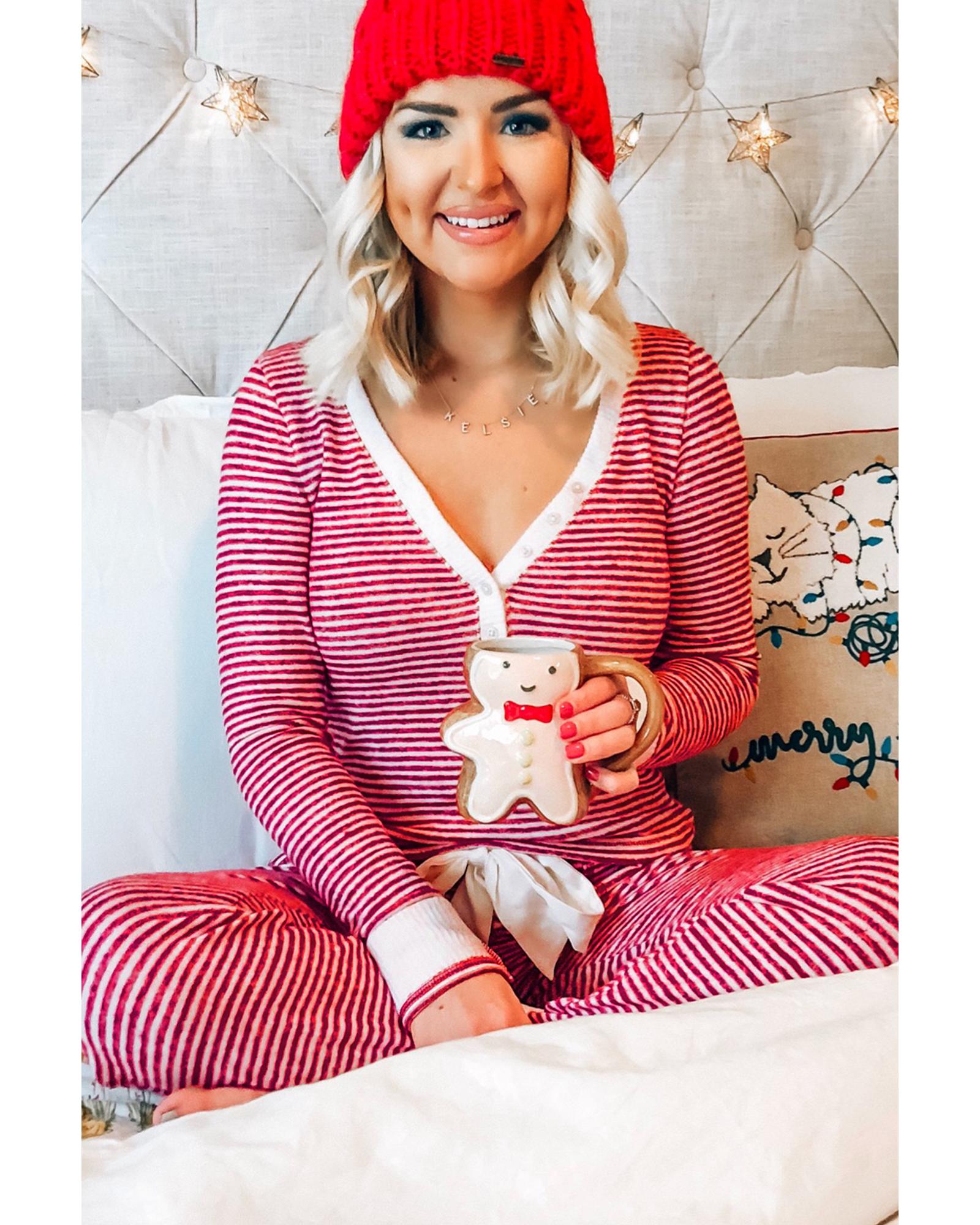 Red Stripe Buttoned V Neck Top and Knotted Waist Pants Lounge Set - L 5