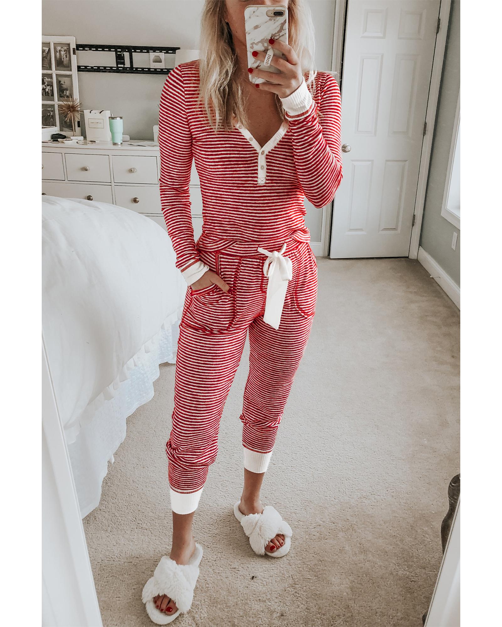 Red Stripe Buttoned V Neck Top and Knotted Waist Pants Lounge Set - XL