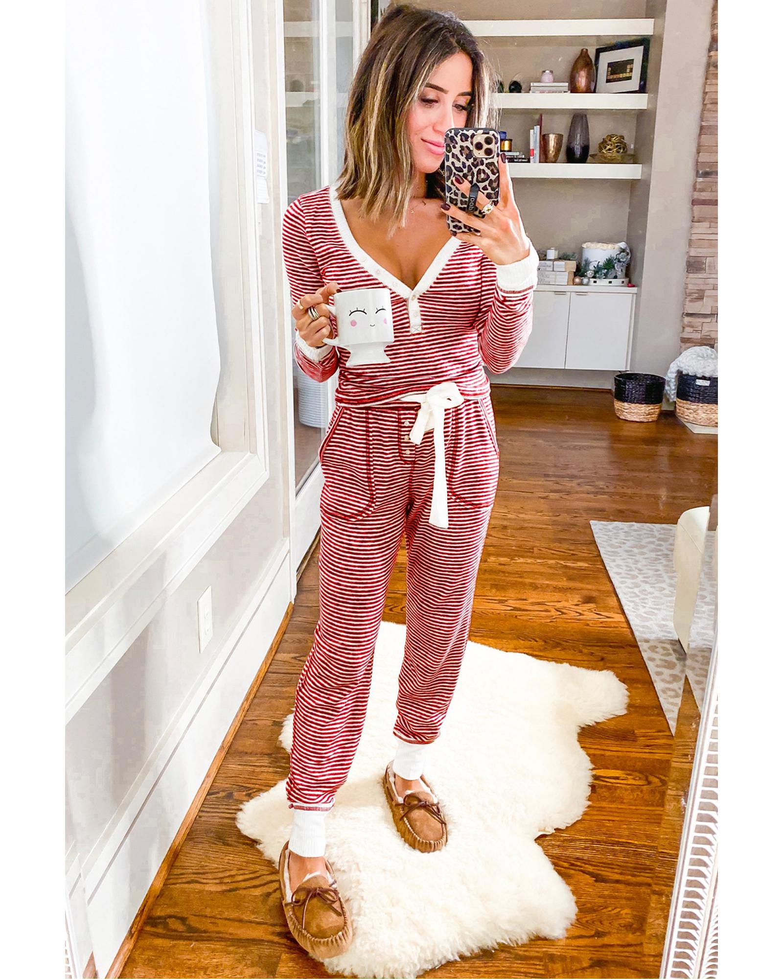 Red Stripe Buttoned V Neck Top and Knotted Waist Pants Lounge Set - XL 3