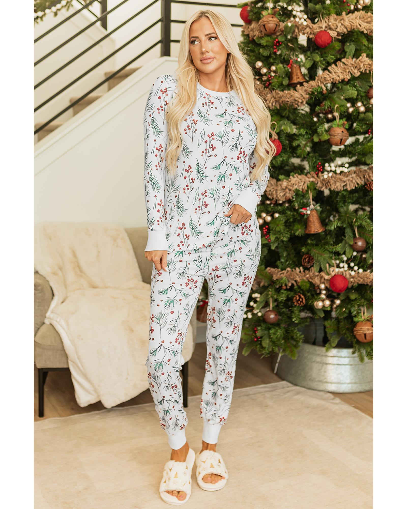 White Holly Print Thermal Pullover Pants Lounge Set - M 3