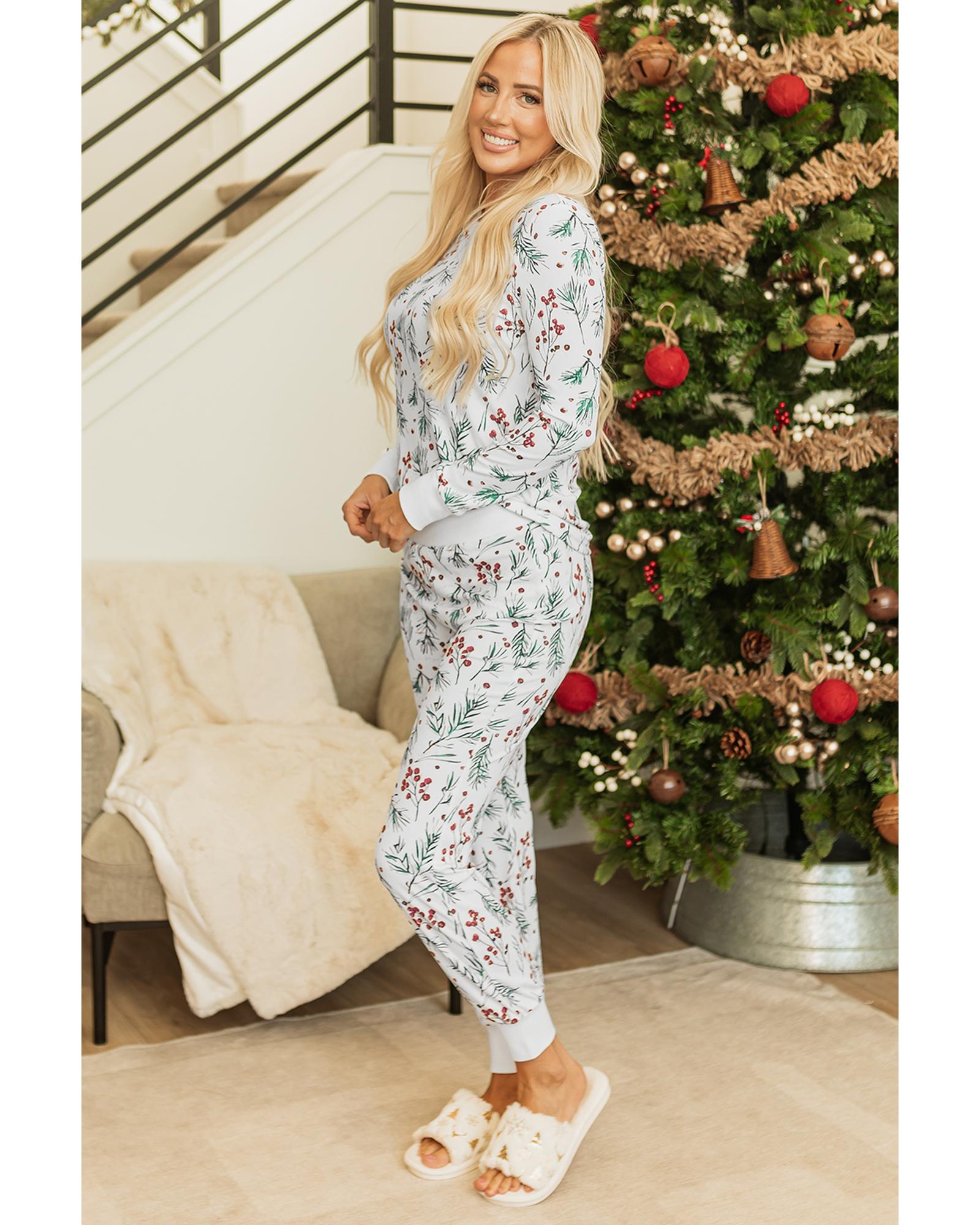 White Holly Print Thermal Pullover Pants Lounge Set - M 5