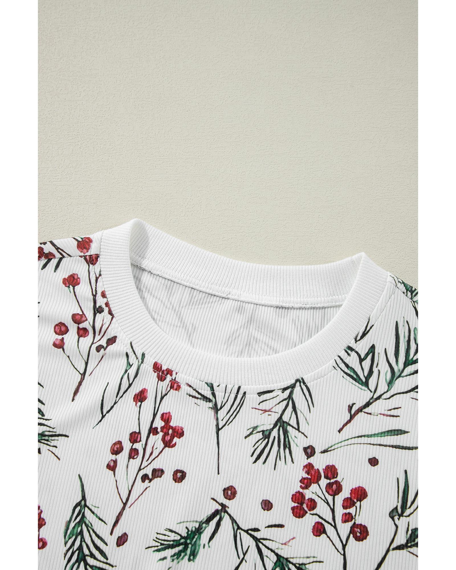 White Holly Print Thermal Pullover Pants Lounge Set - M 6