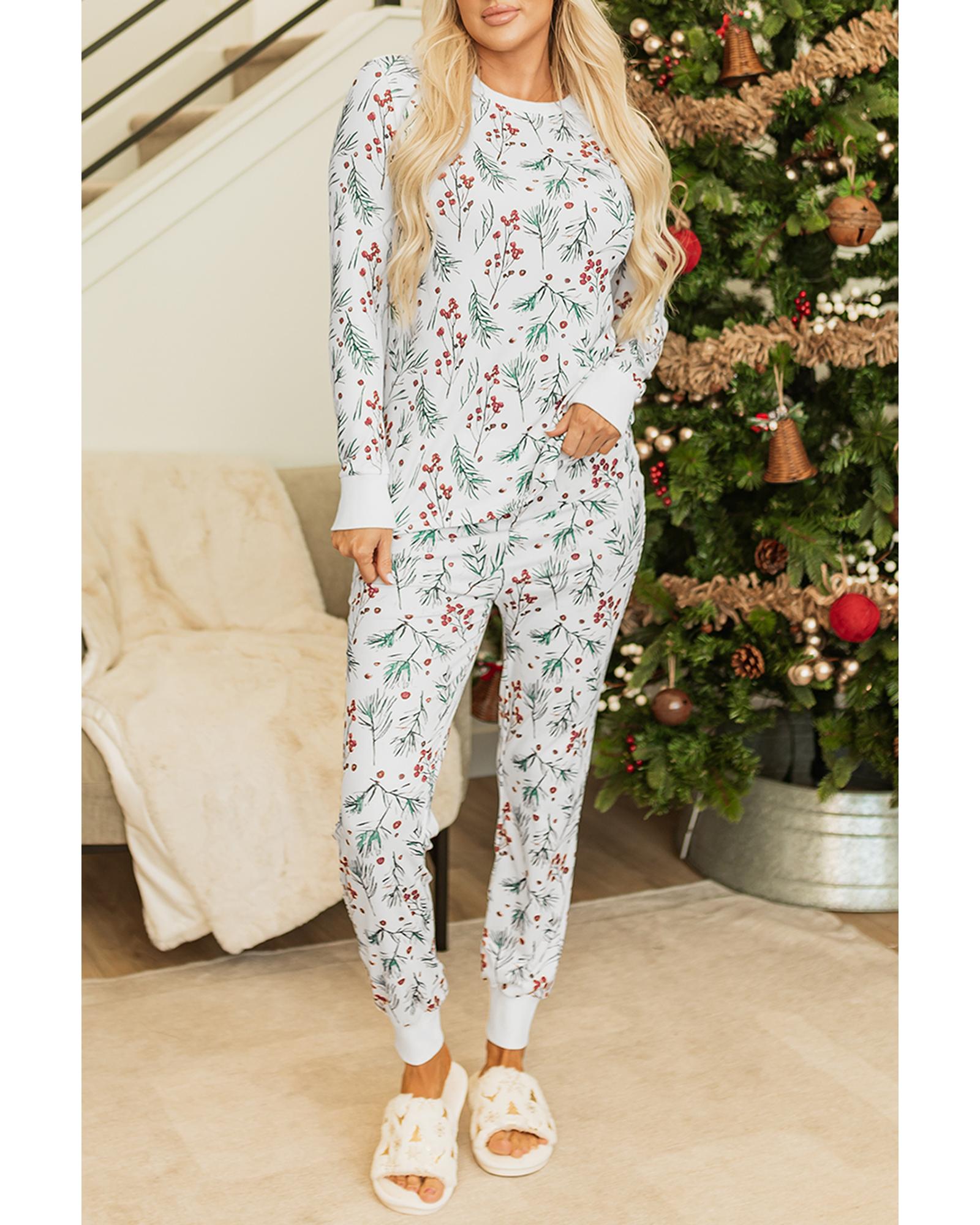 White Holly Print Thermal Pullover Pants Lounge Set - M 7